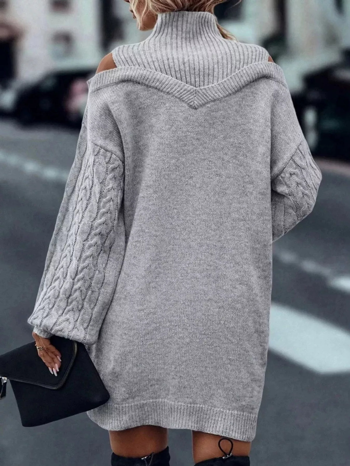 Gray cold shoulder cable knit mock neck sweater dress, back view