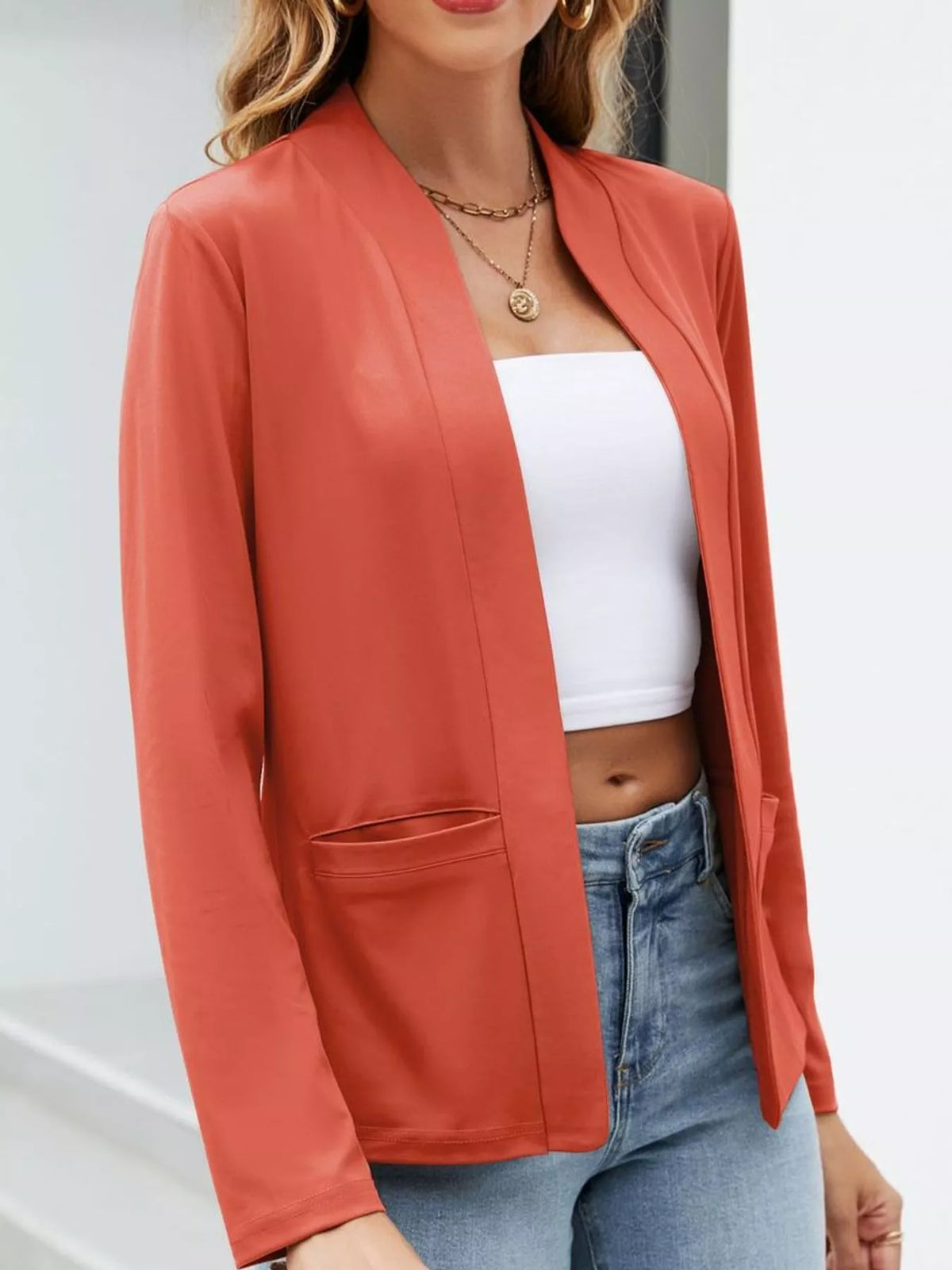 Mandarin neck long sleeve blazer, front view on model
