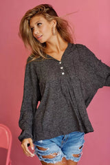 Trendsi BiBi Textured Knit Hoodie with Buttoned Placket -