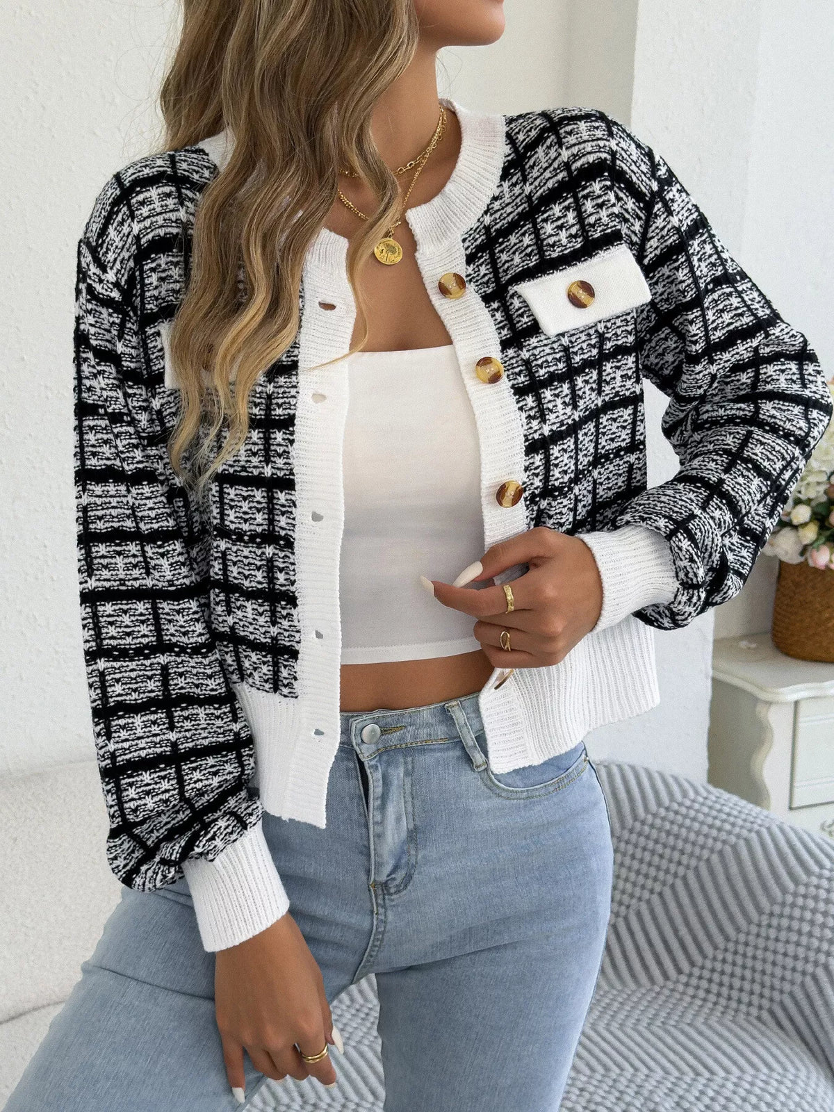 White plaid tweed-style knit cardigan
