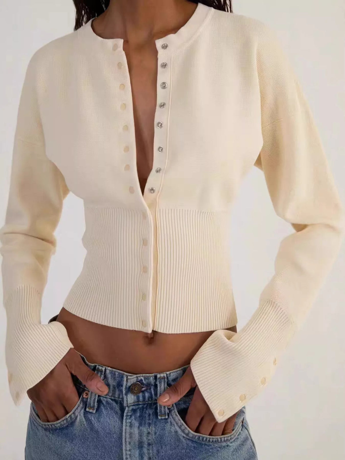 Beige button up ribbed waist cardigan