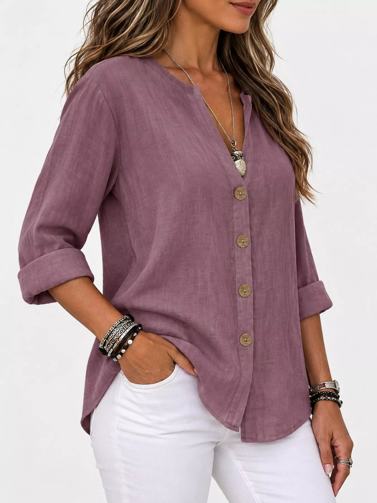 Notched-neck shirt, purple side