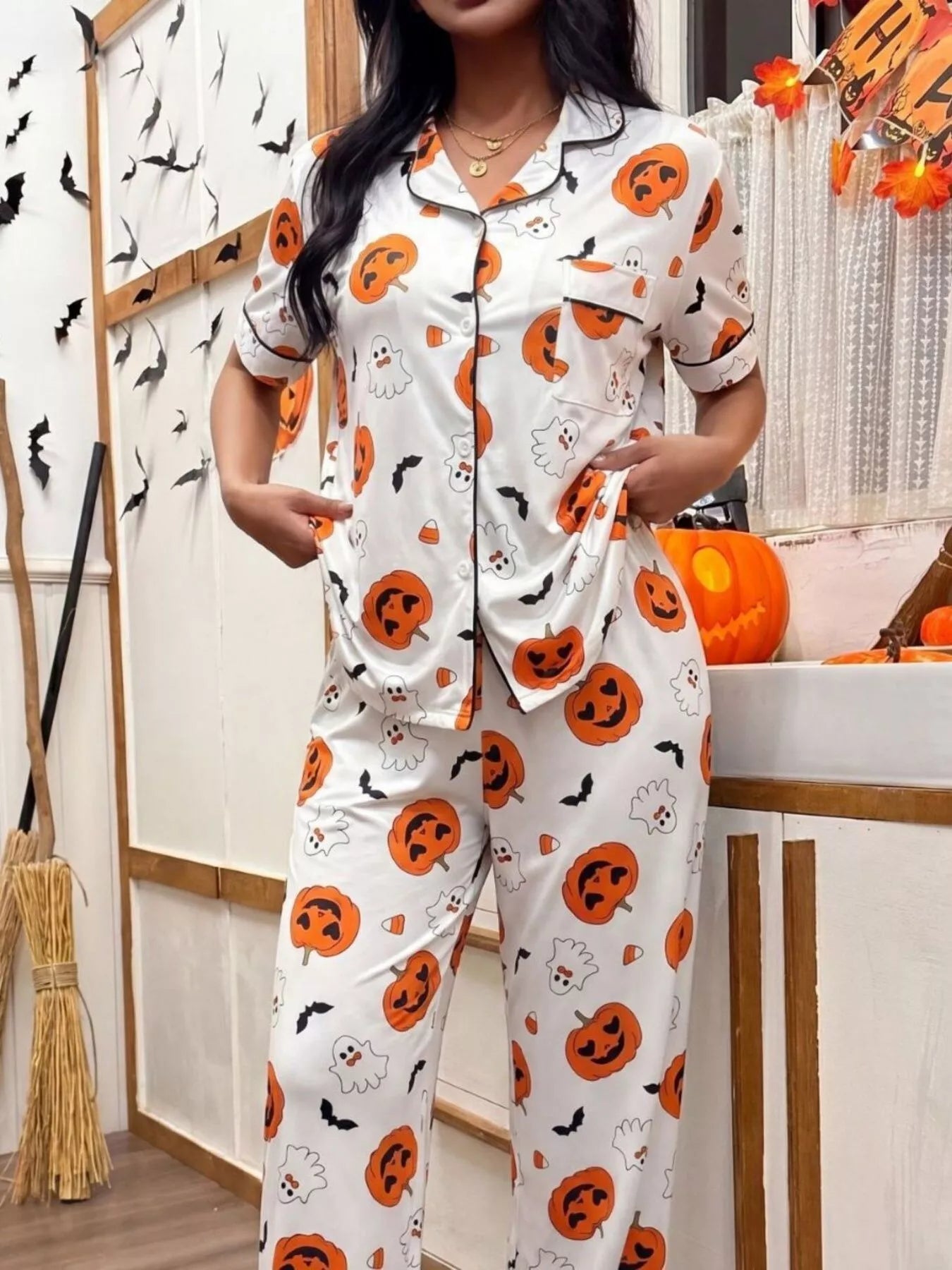 Trendsi Halloween Pumpkin Print Button-Down Top and Pants Set -