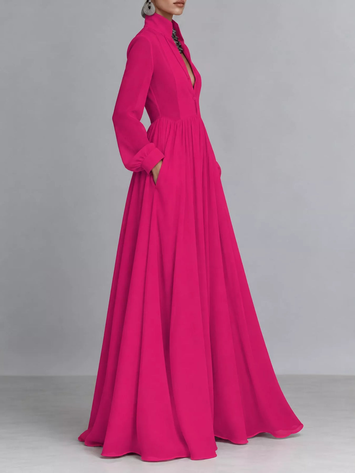 Hot pink long sleeve button-front maxi dress