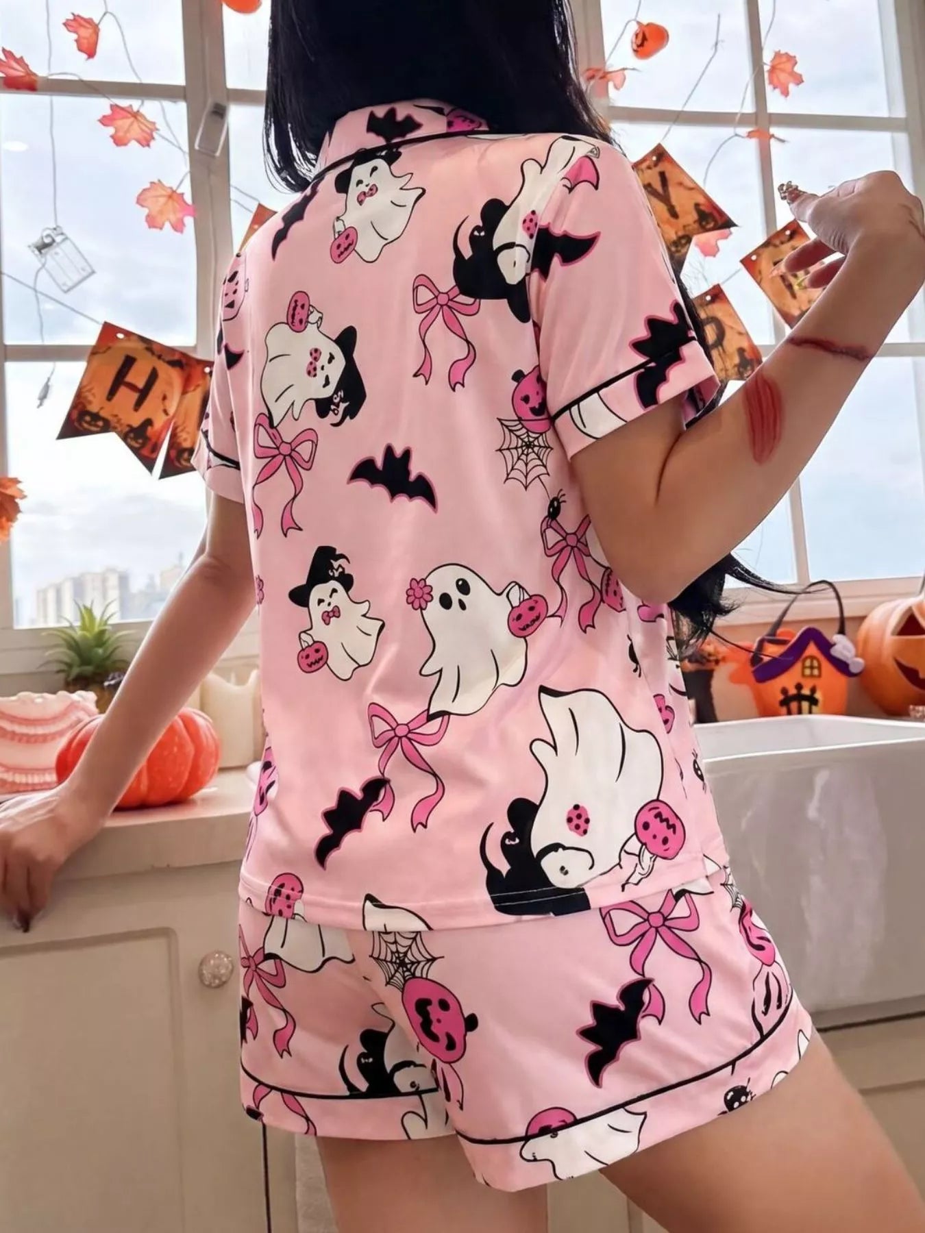 Trendsi Halloween Ghost Print Button-Down Top and Shorts Lounge Set -