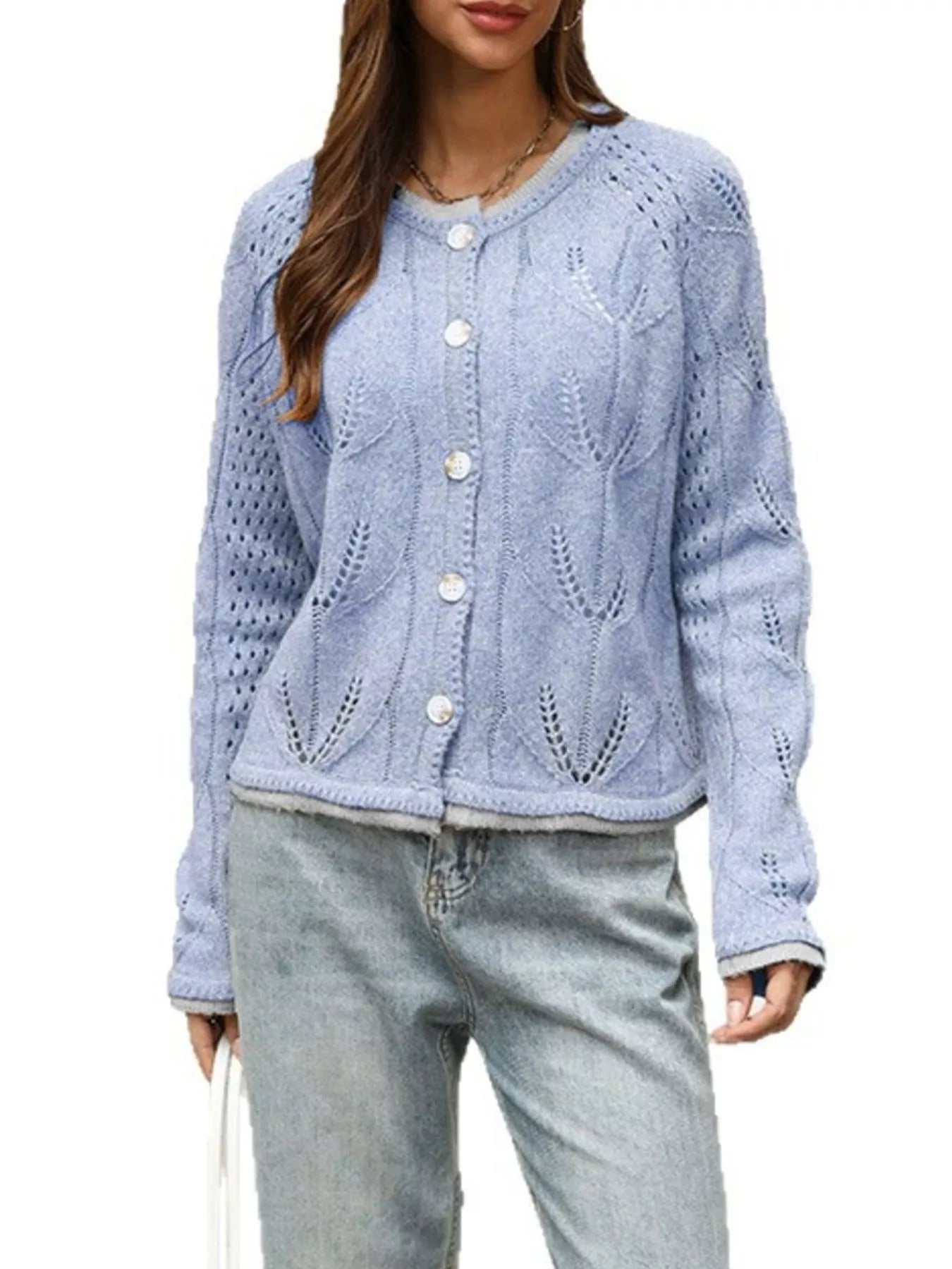 Trendsi Hollow-Out Knit Button-Down Cardigan -