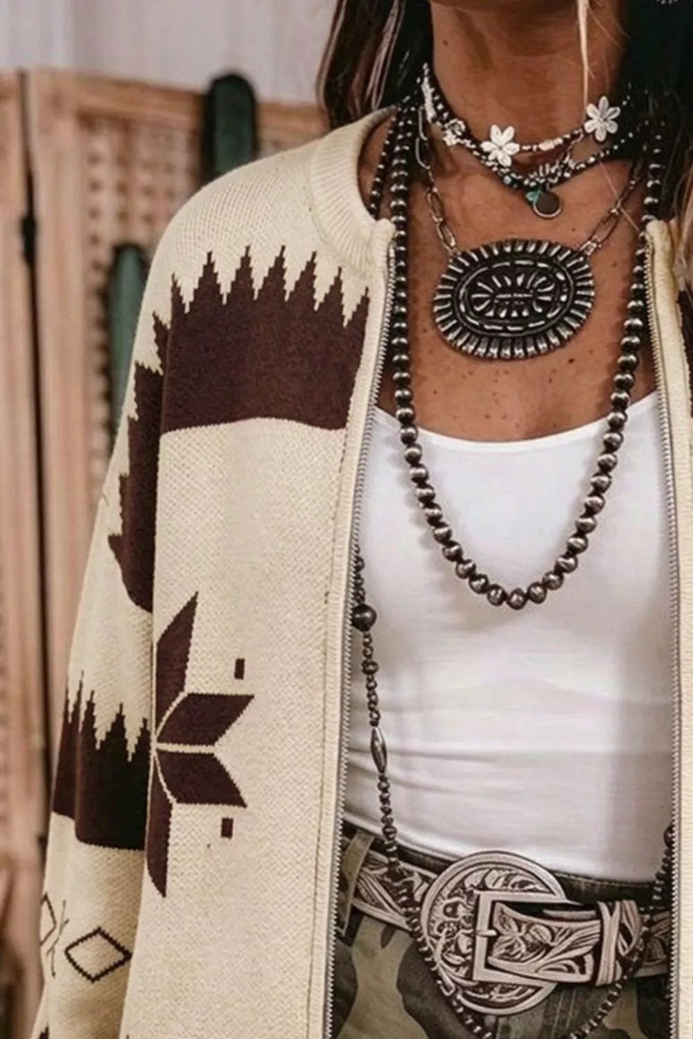 Women's Geometric Zip-Up Knit Cardigan in Beige, back view
