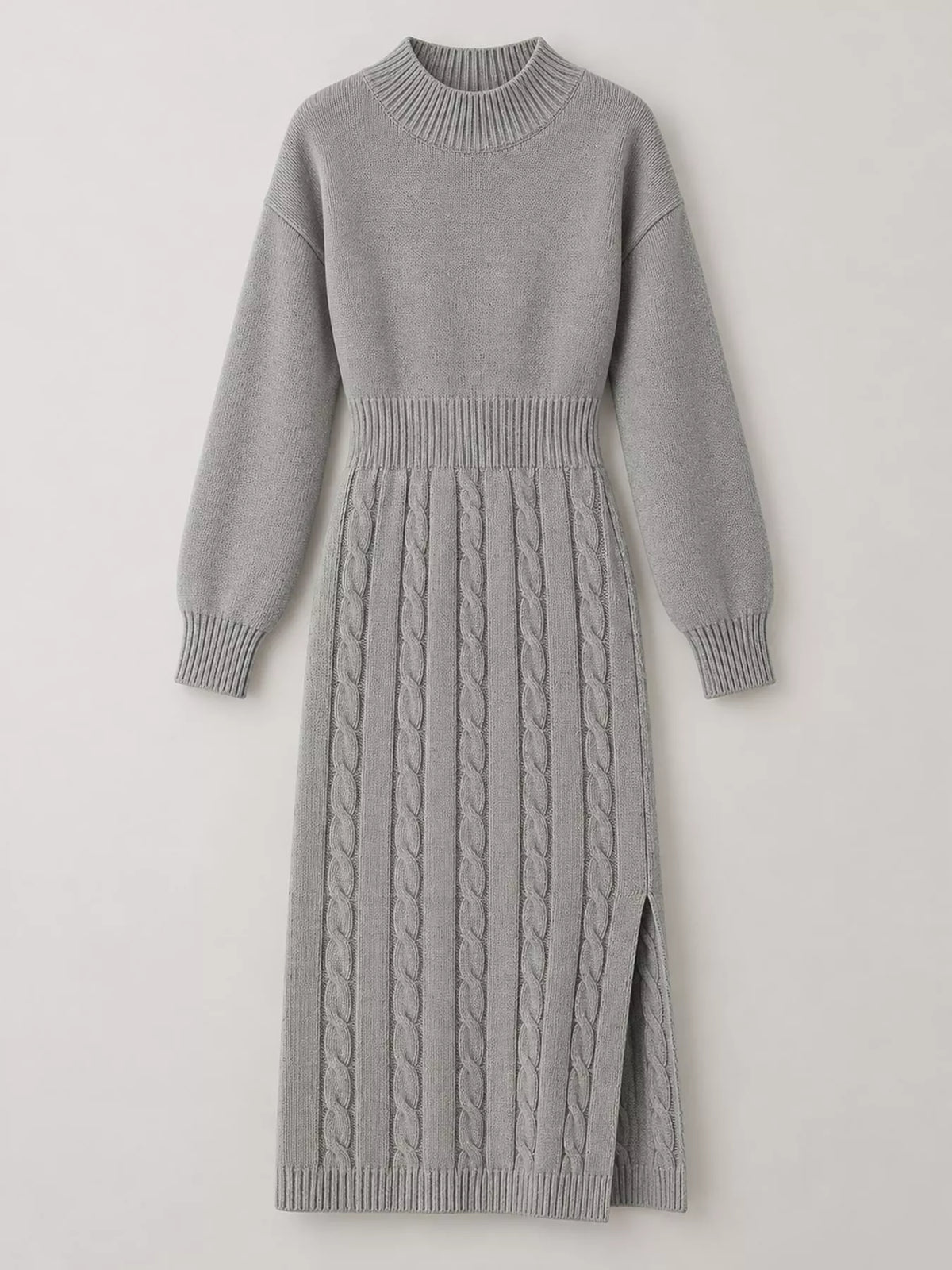 Women's Mock Neck Cable Knit Sweater Dress with Front Slit in gray — flat lay view