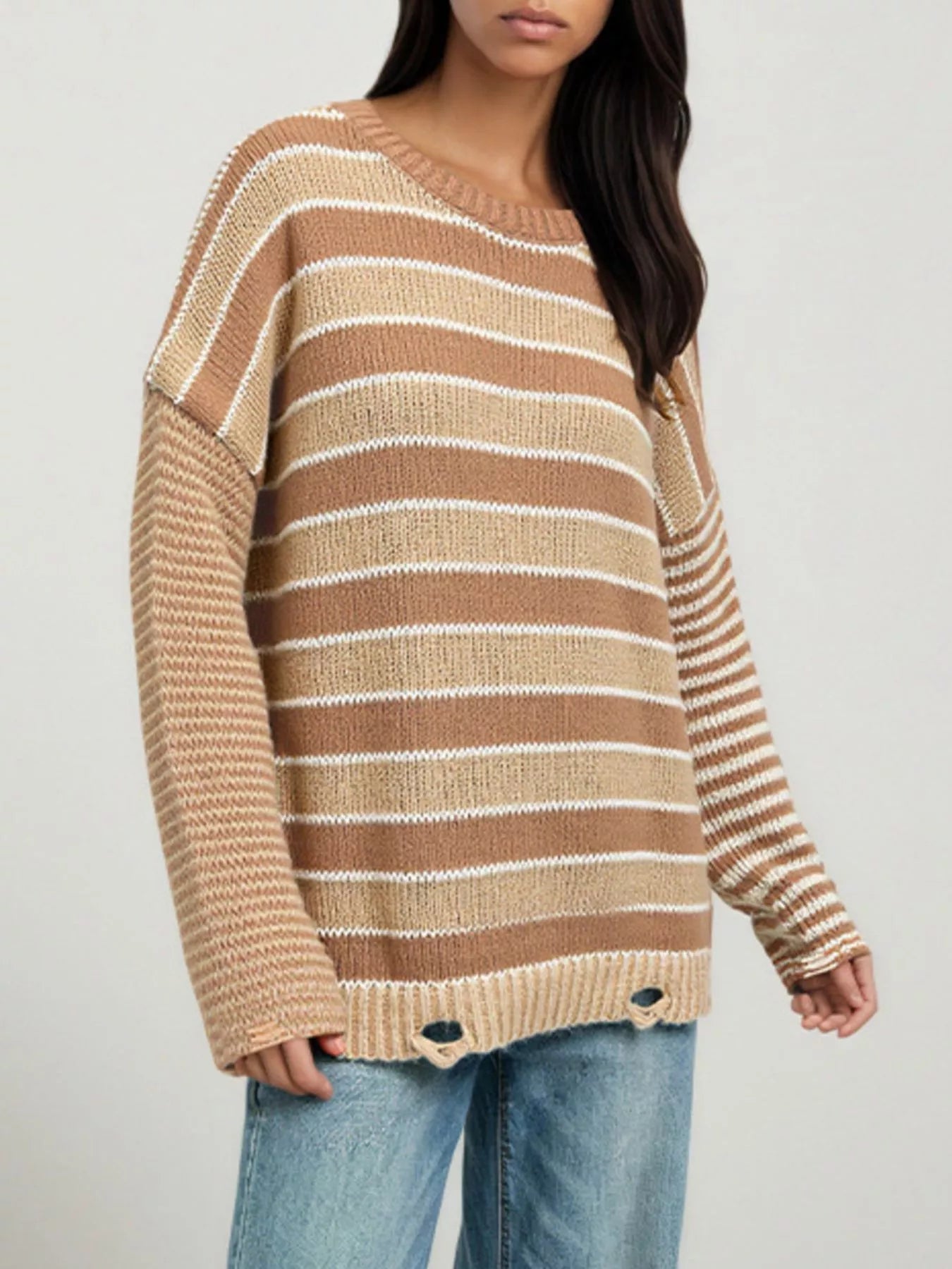 Trendsi Oversized Striped Distressed Sweater -