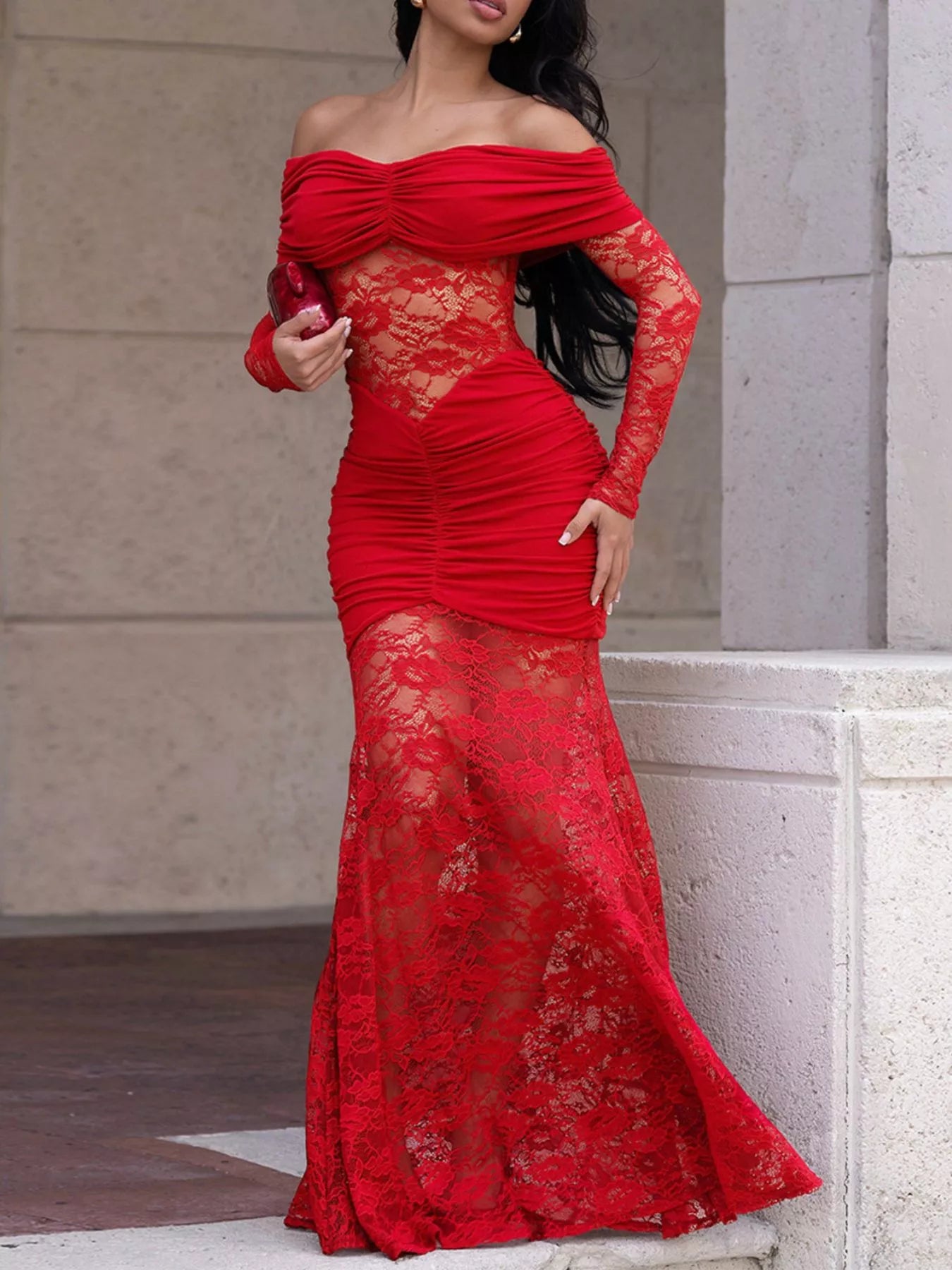 Trendsi Off-Shoulder Ruched Lace Mermaid Maxi Dress -