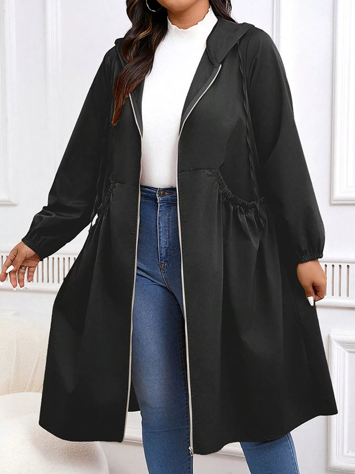 Hooded longline jacket, black front