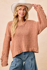 Trendsi BiBi Chunky Knit Sweater with Flower Detail Sleeves -