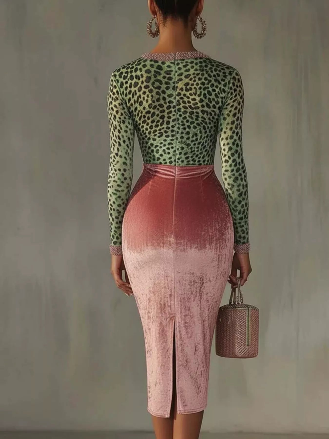 Trendsi Velvet Leopard Long-Sleeve Midi Dress -