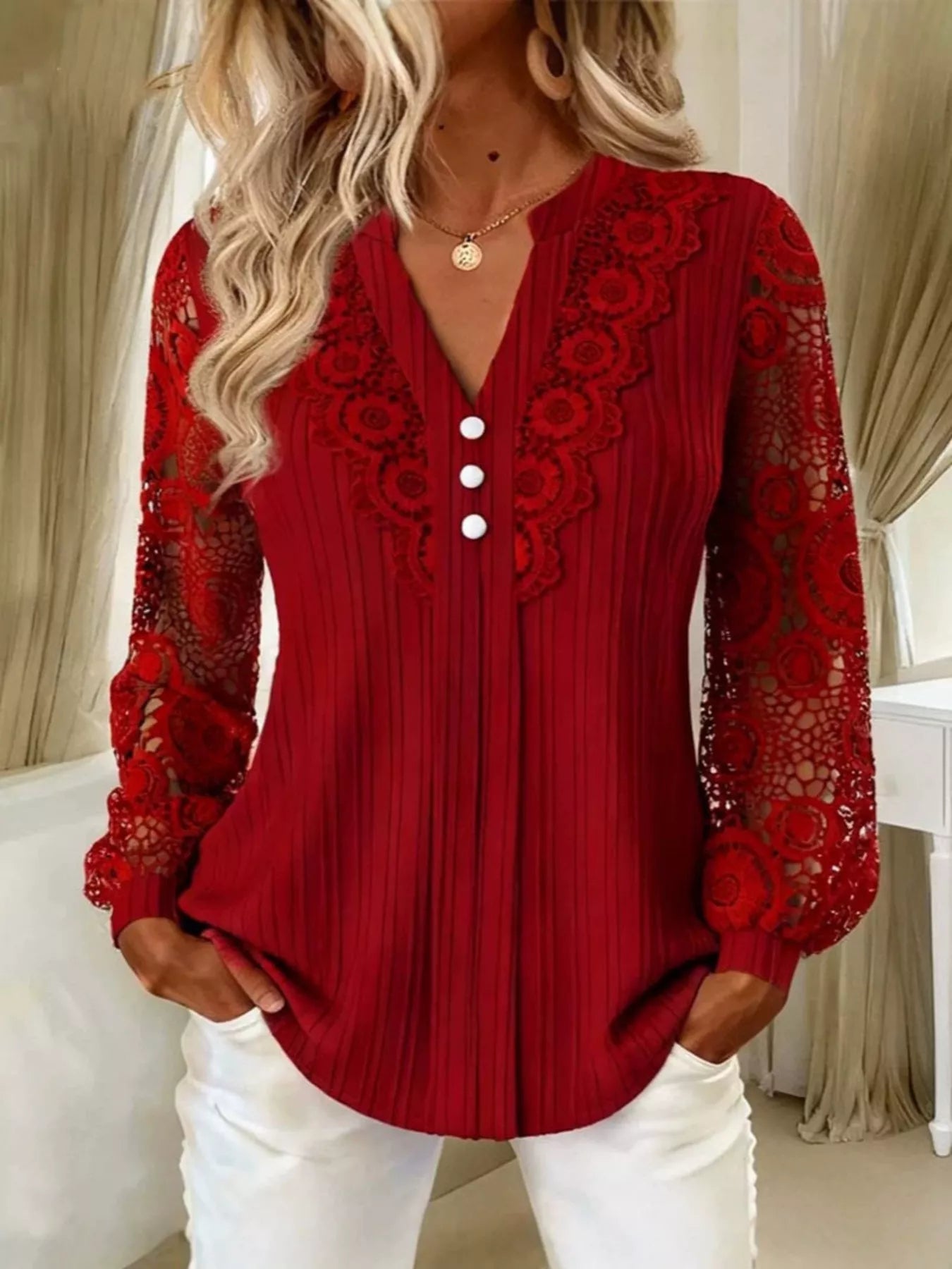 Trendsi Lace Long Sleeve Notched Blouse -
