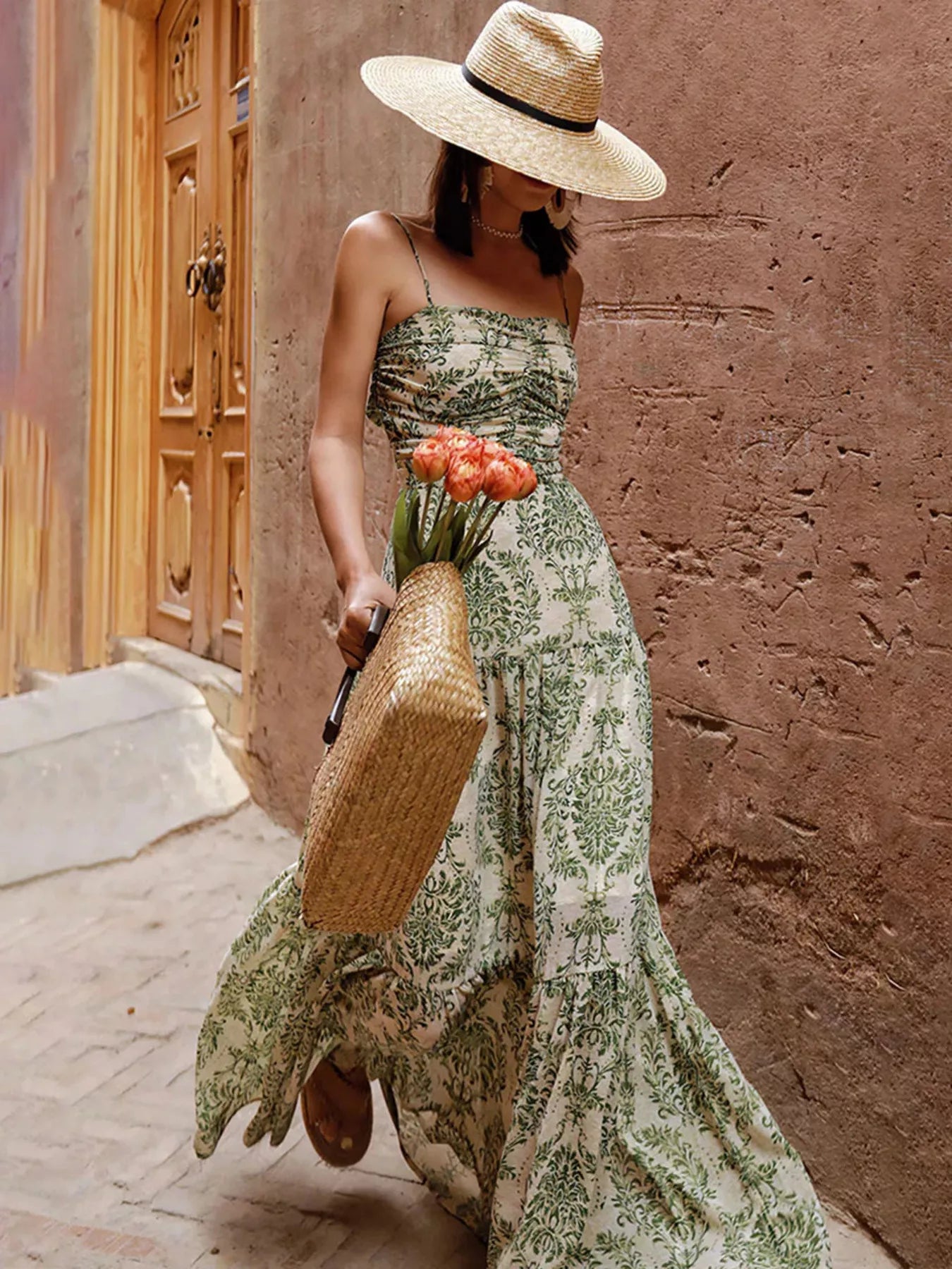 Trendsi Cutout Back Printed Spaghetti Strap Tiered Maxi Dress -