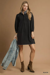 Trendsi Umgee French Terry Balloon Sleeve Shift Dress with Leopard Print Detail -