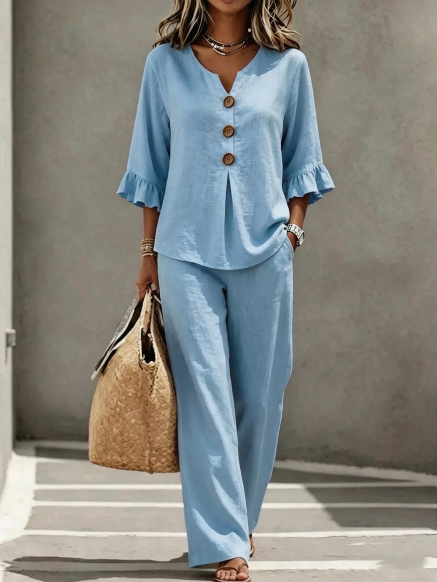 Trendsi Full Size Decor Button Ruffled Top and Wide-Leg Pants Set Plus Size -