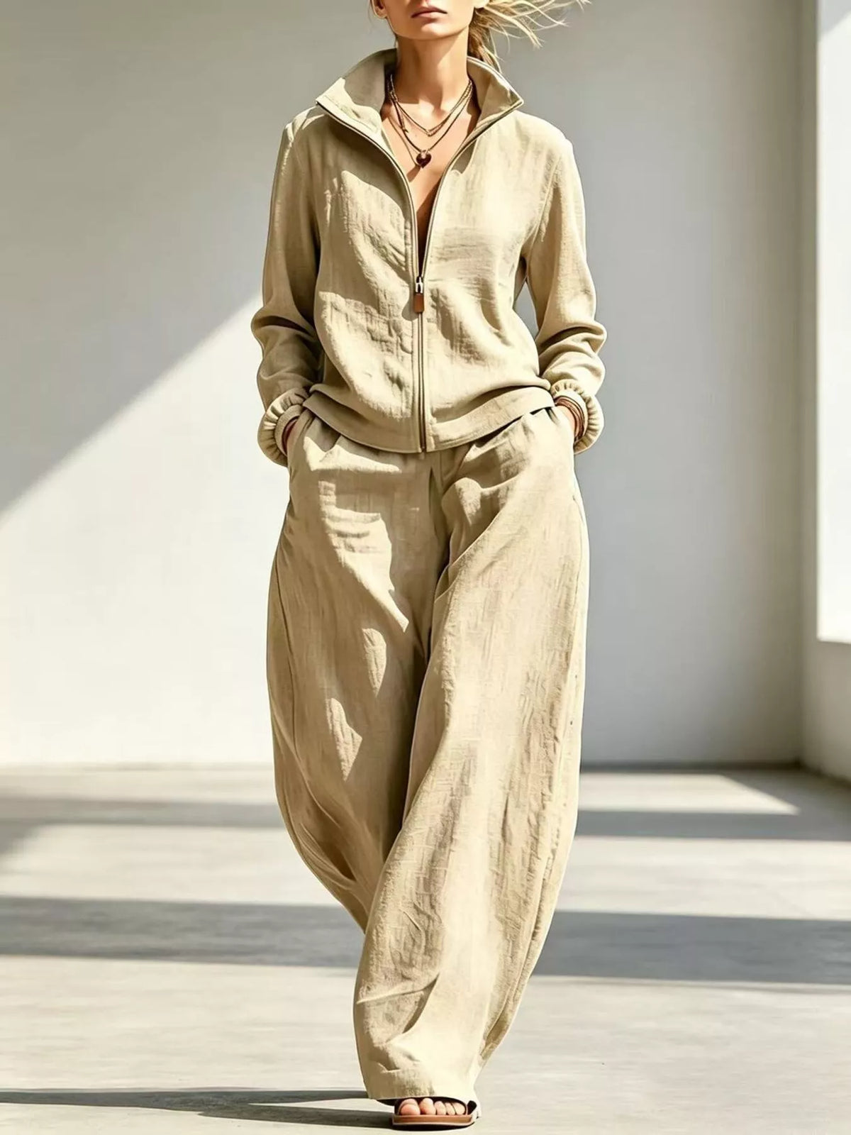Jacket and pants set, beige set front