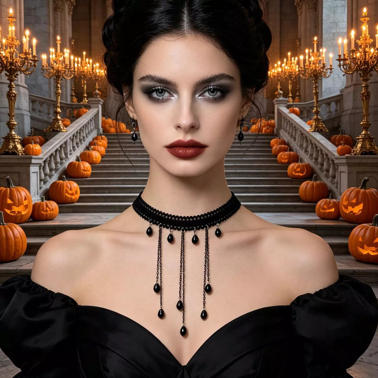 Trendsi Gothic Lace Choker Necklace with Teardrop Dangle Charms -