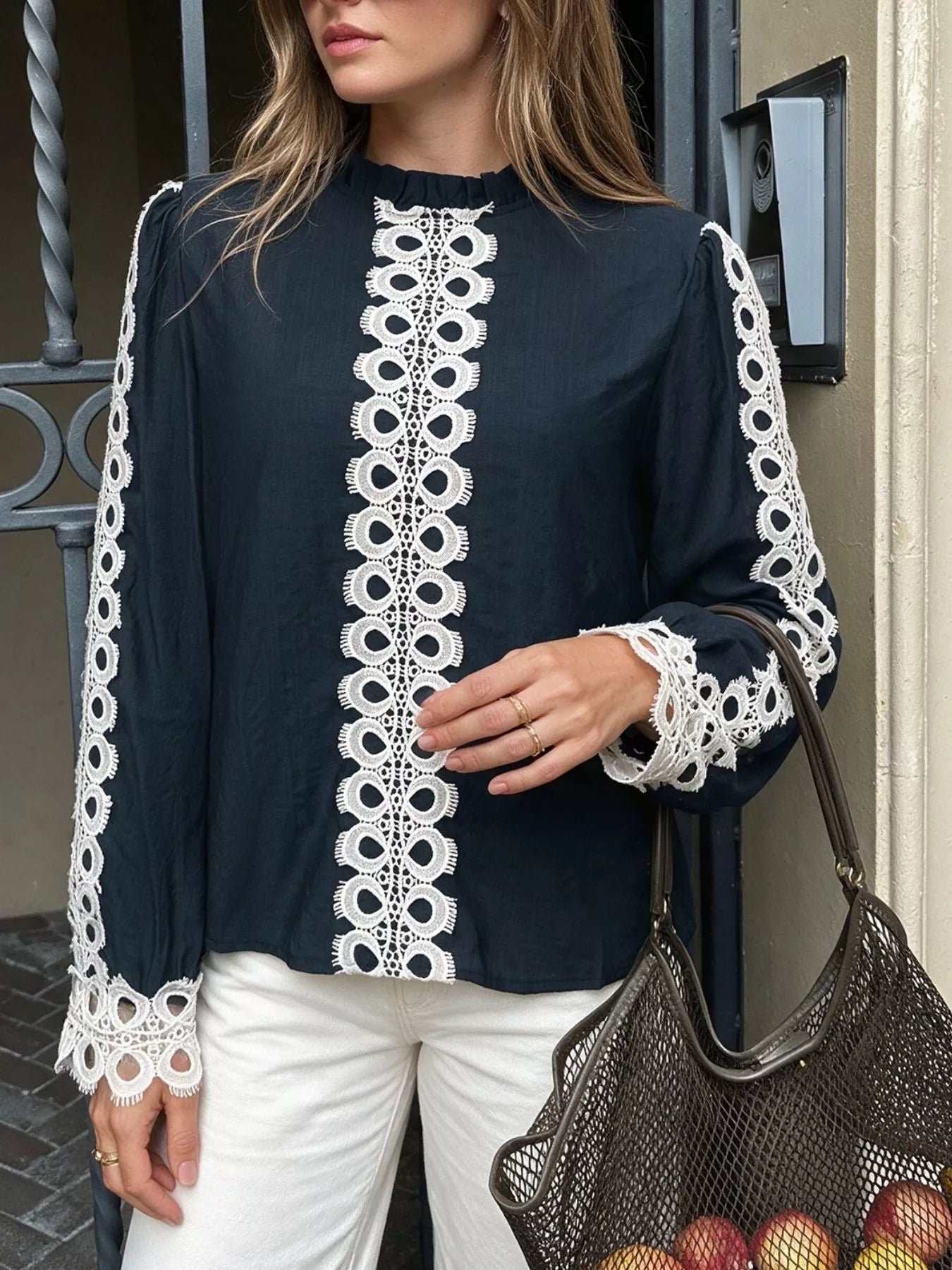 Trendsi Lace Trim Long Sleeves Blouse -