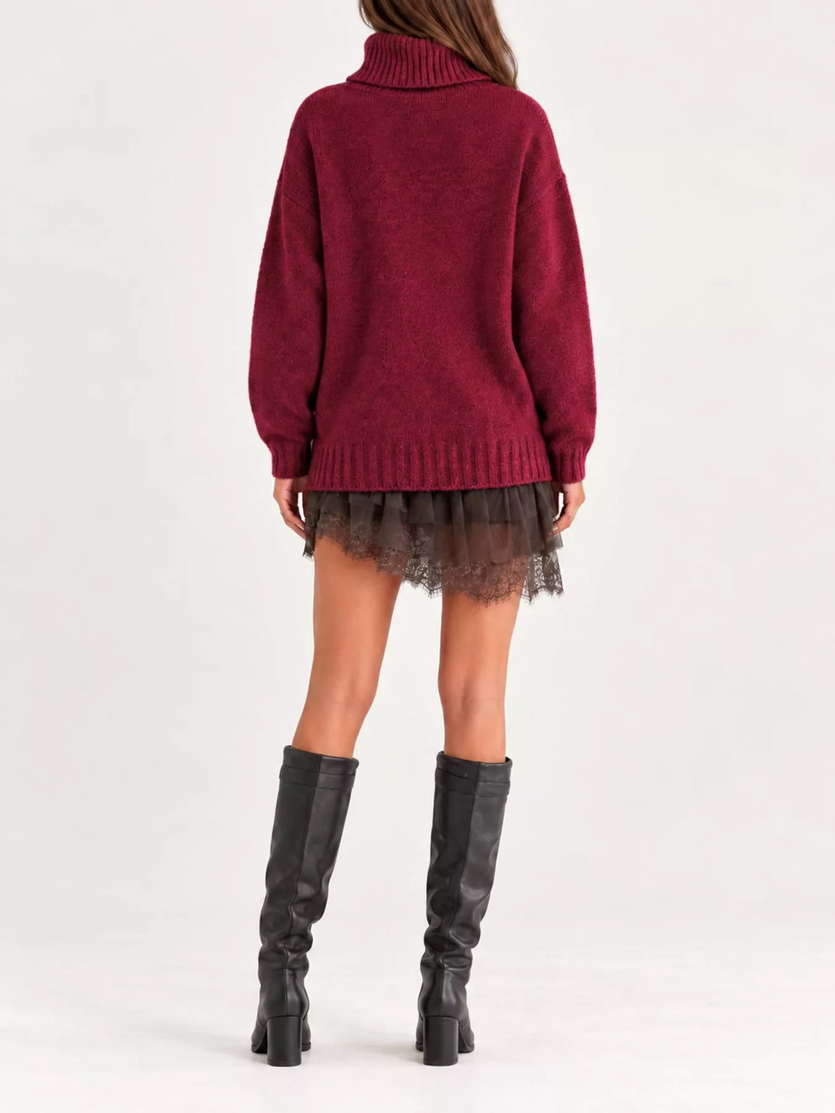 Turtleneck Sweater and Lace Hem Dress Set — back view
