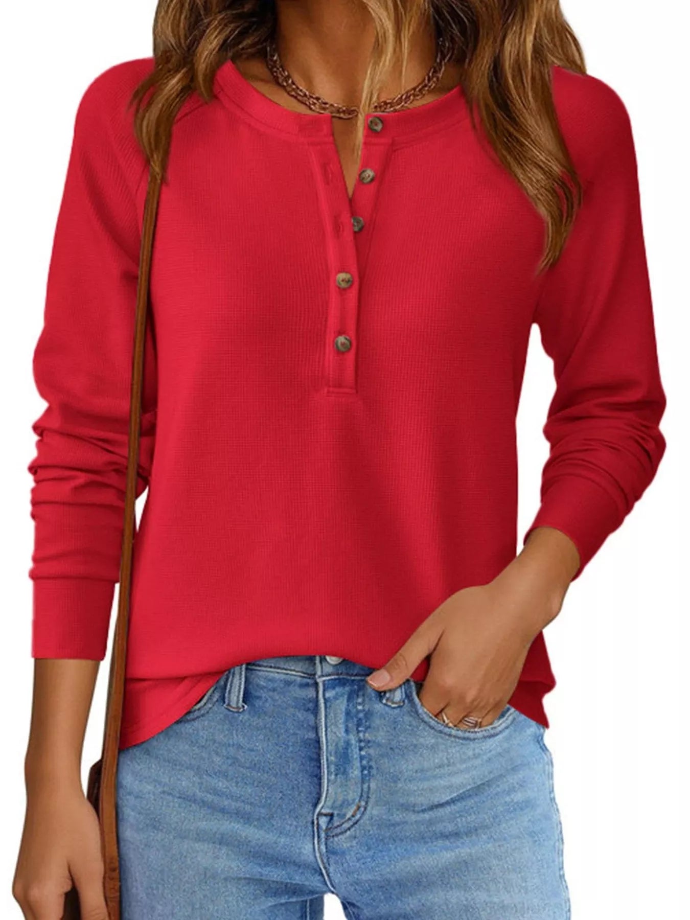 Trendsi Waffle Knit Henley Long Sleeve T-Shirt -