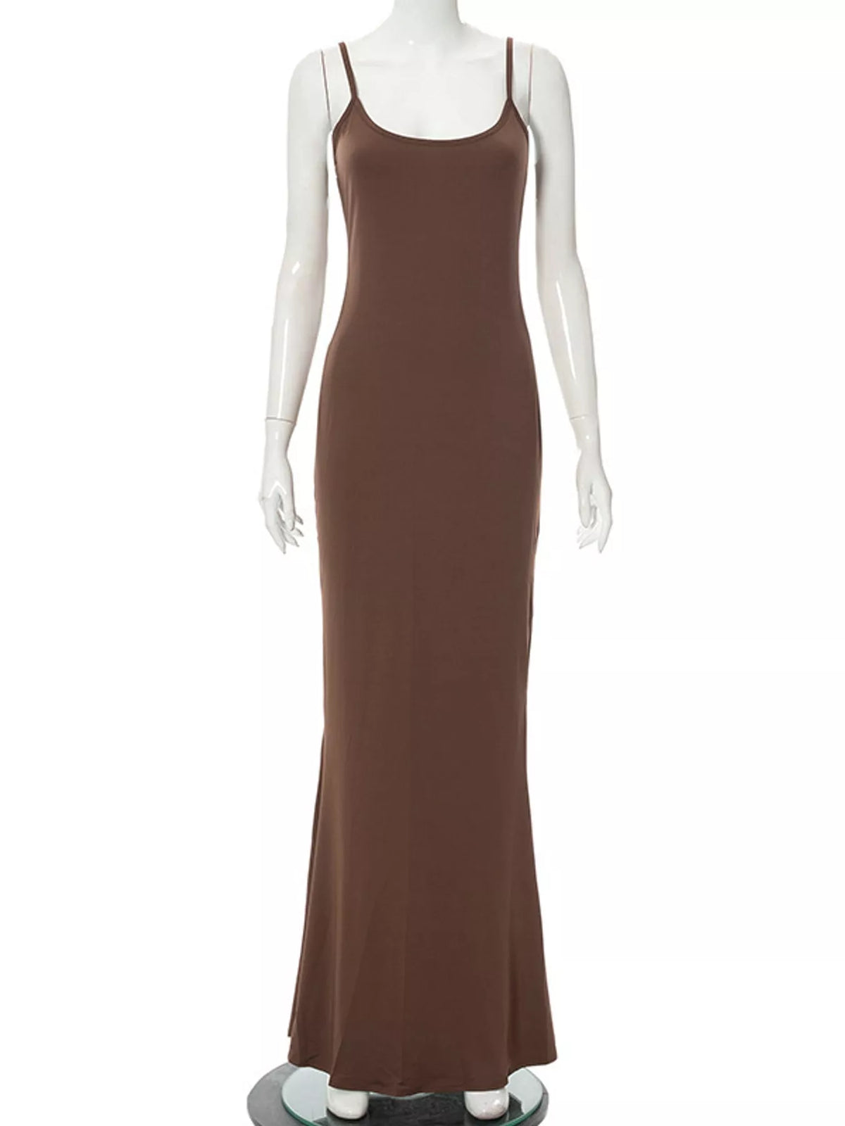 Brown bodycon spaghetti strap maxi dress, front view