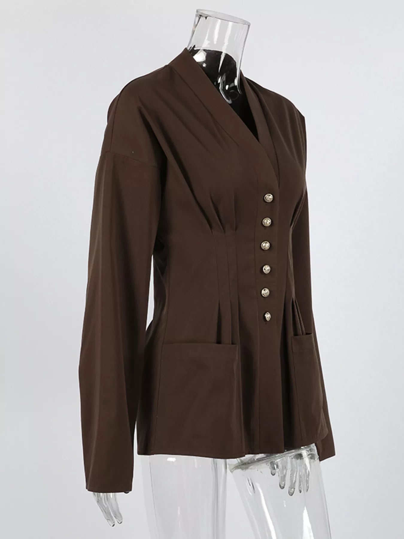 Trendsi Pleated Waist Blouse with Button Detail -