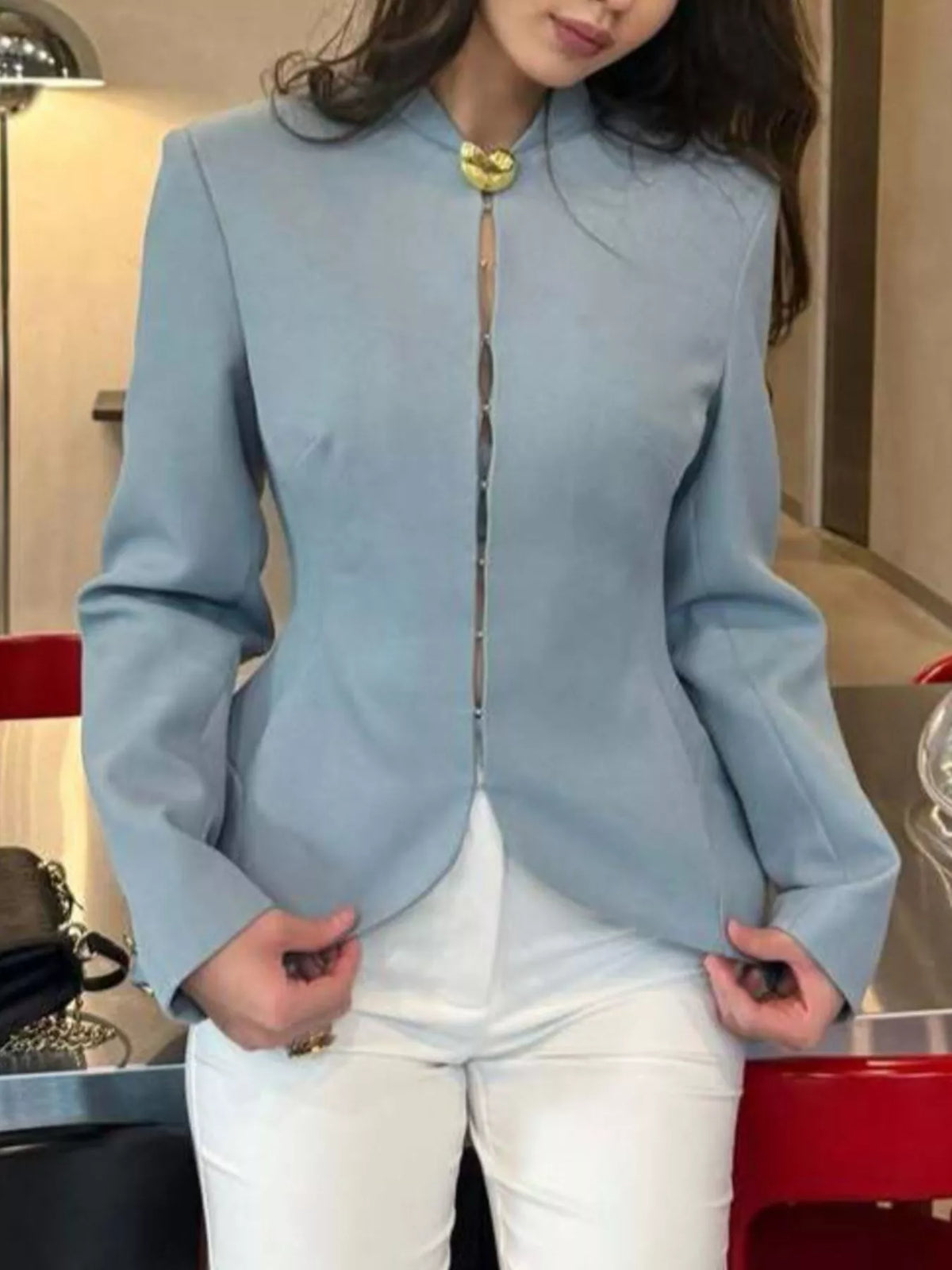 Round neck long sleeve blazer, front view on model