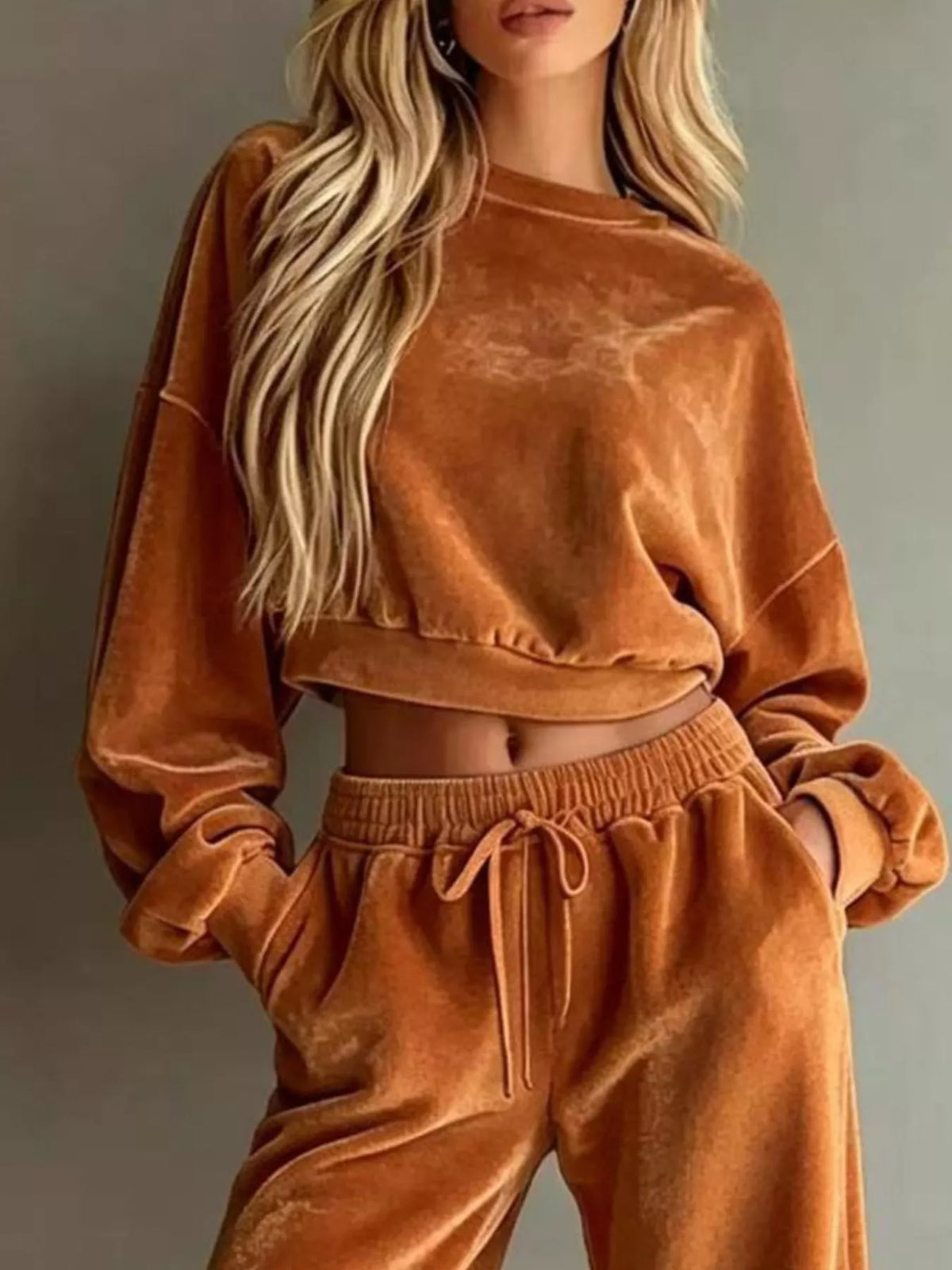 Ochre Cropped Sweatshirt & Wide-Leg Pants Set top and waistband detail