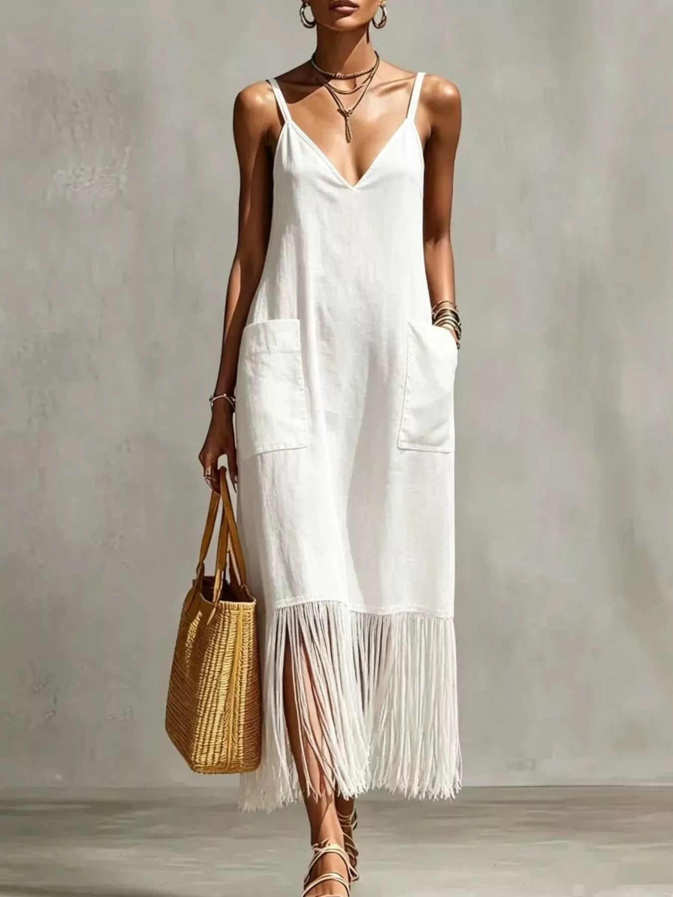 Trendsi Full Size Fringe V-Neck Spaghetti Strap Dress Plus Size -