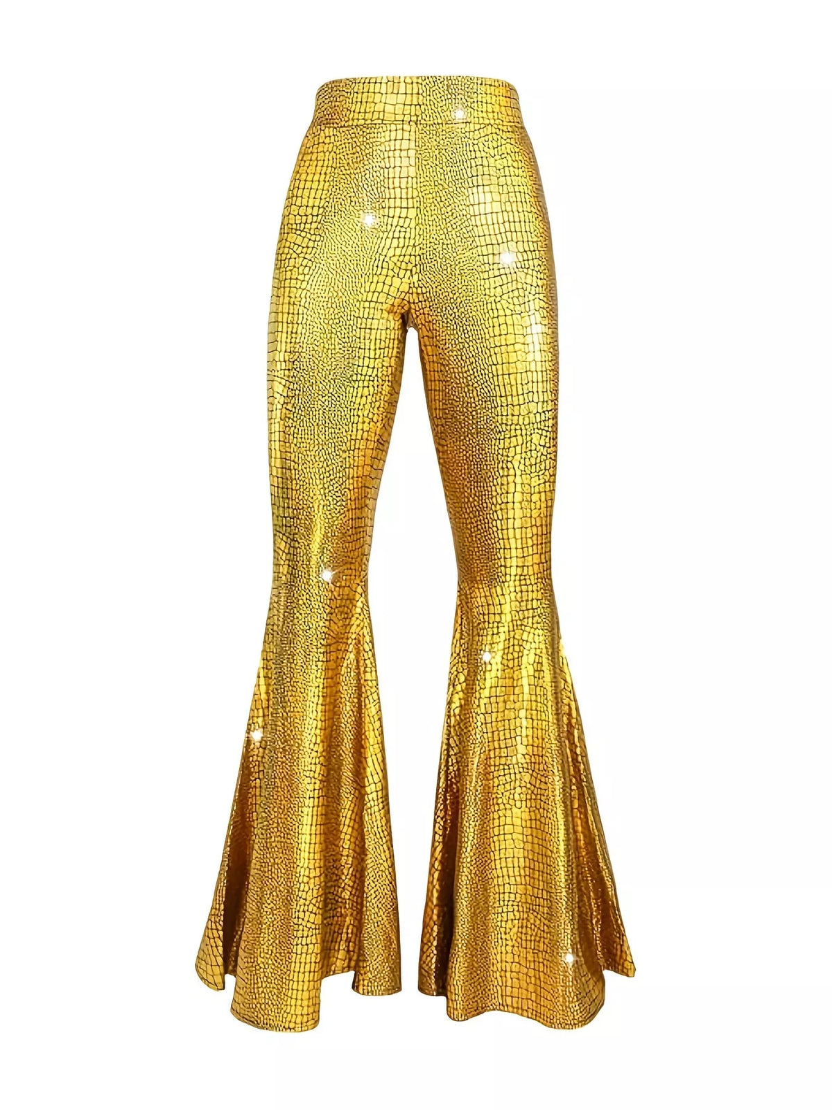 Gold high-waisted flare pants — back view