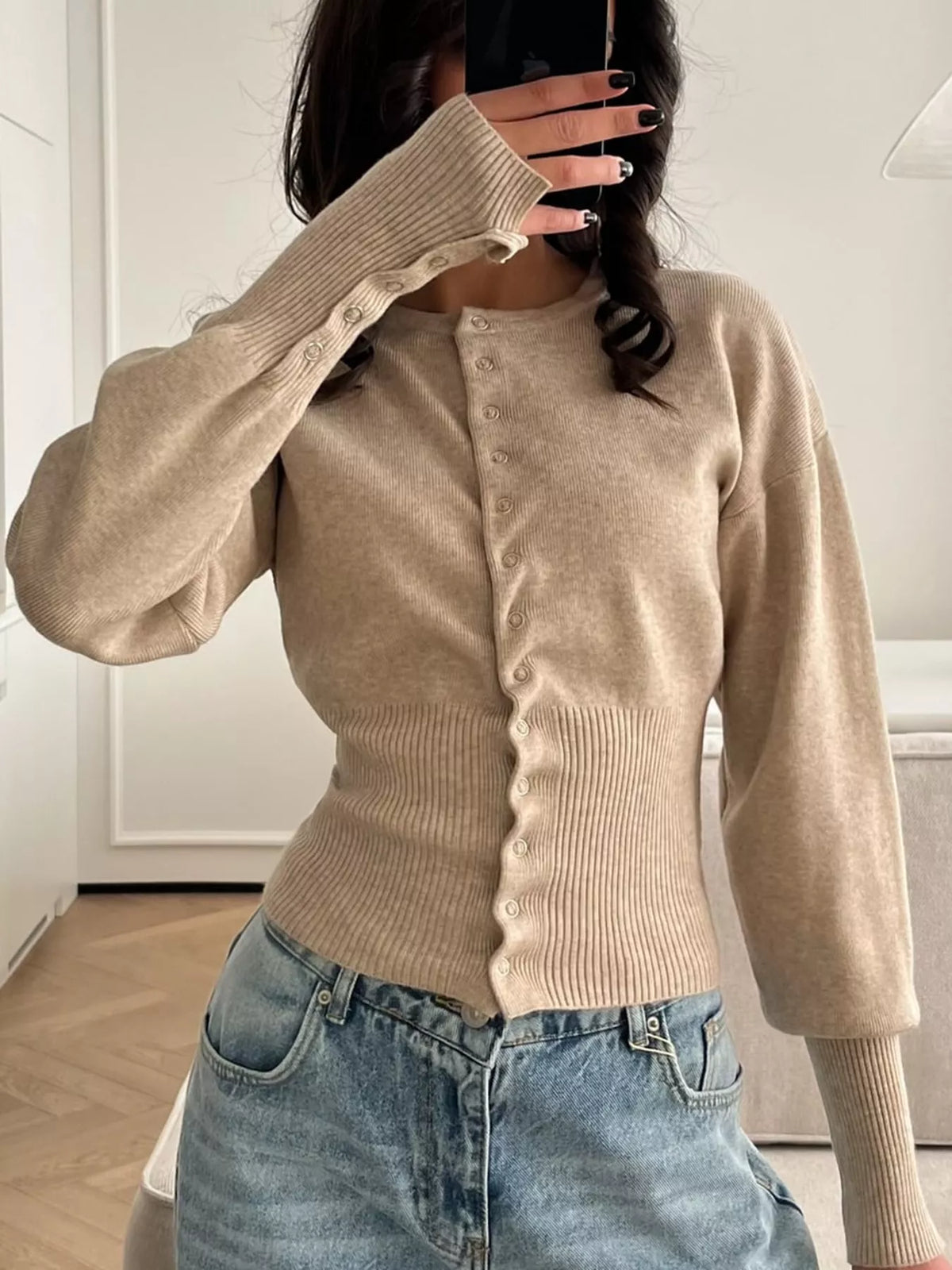 Mocha button up ribbed waist cardigan