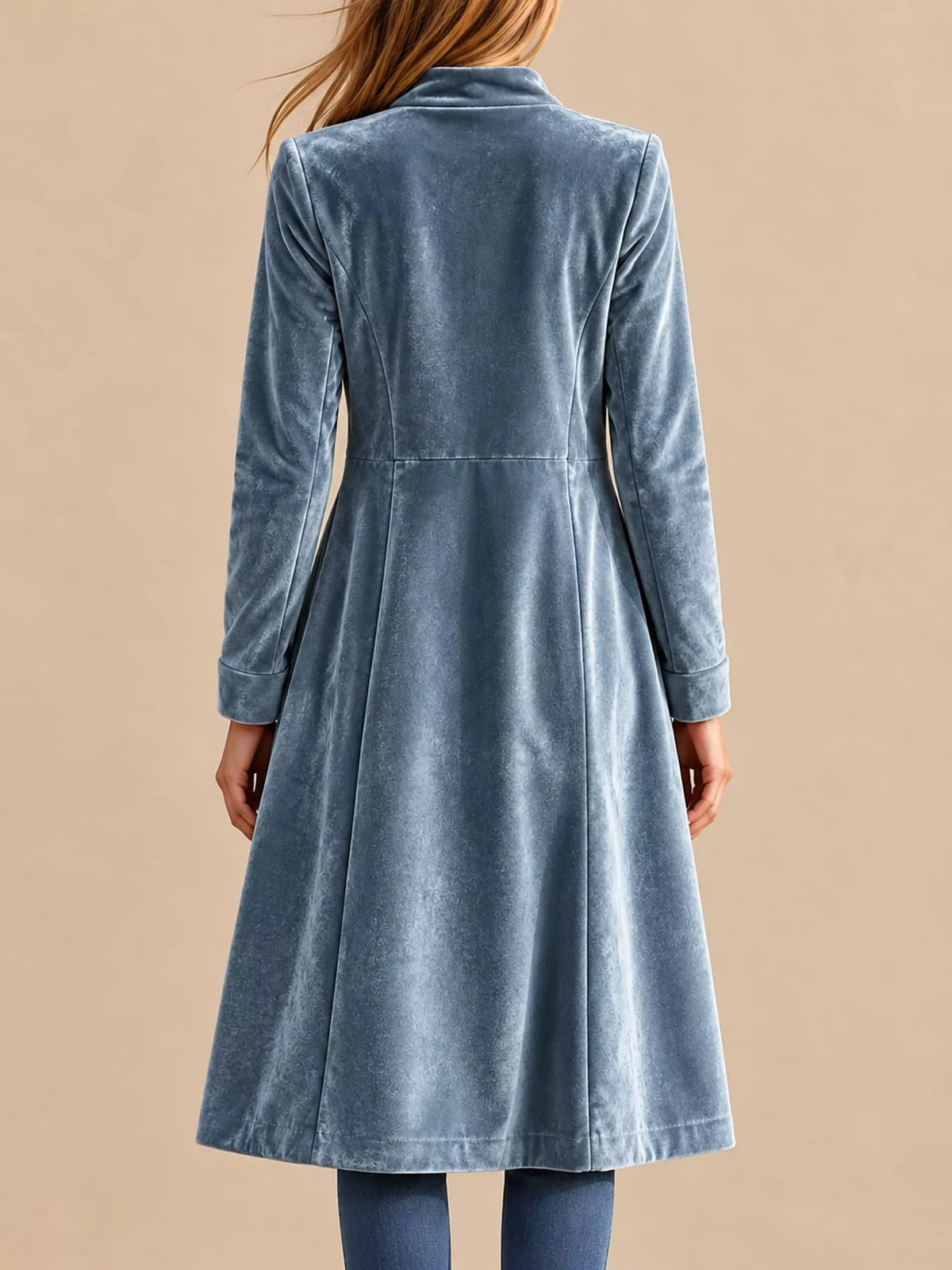 Blue velvet zip-up longline jacket, back view