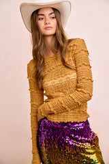 Trendsi BiBi Ruffles Detail Mardi Gras Color Flower Lace Top -