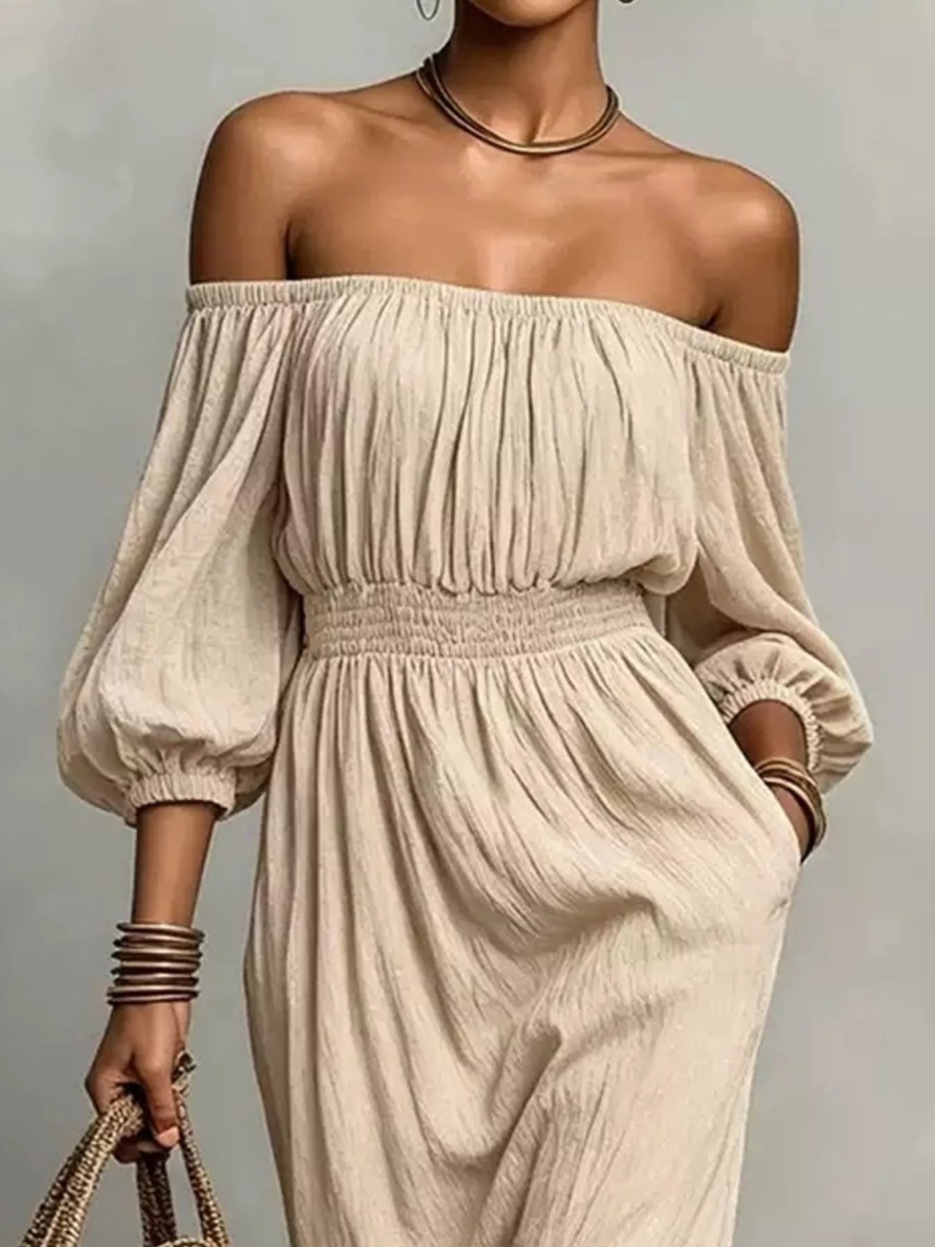 Trendsi t Off-Shoulder Smocked Waist Maxi Dress -