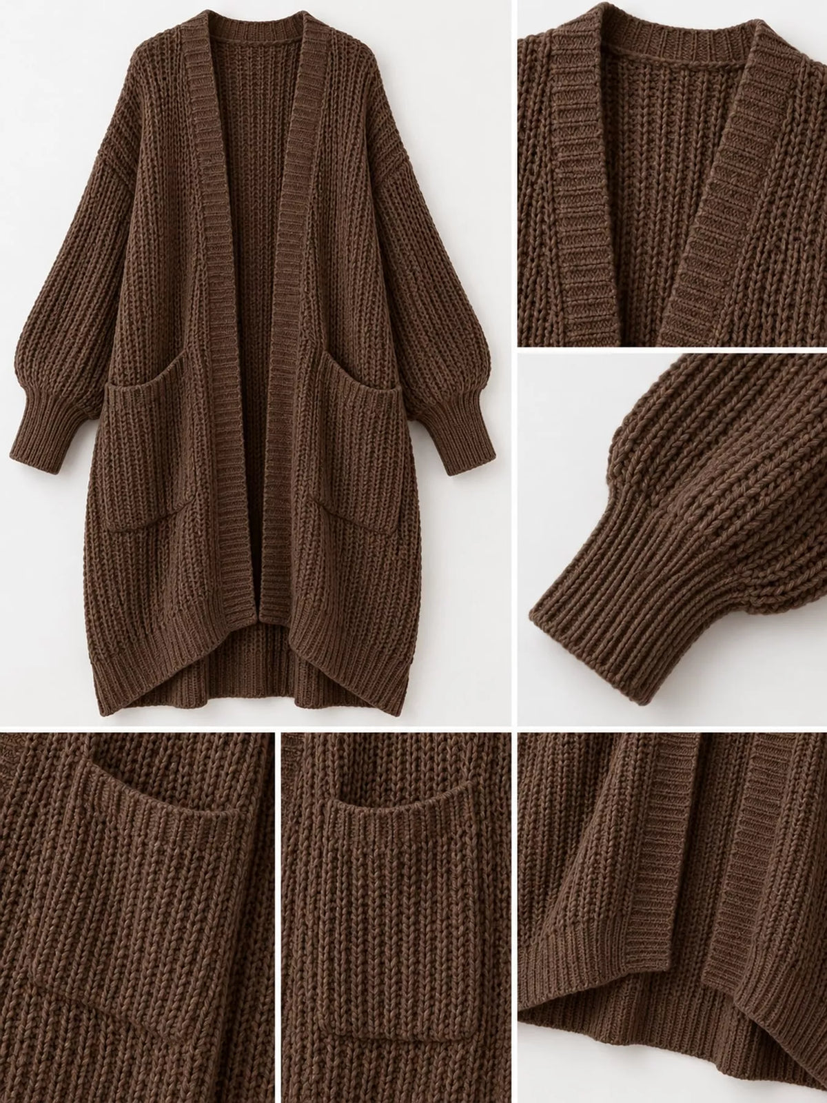Longline knit cardigan, brown detail collage