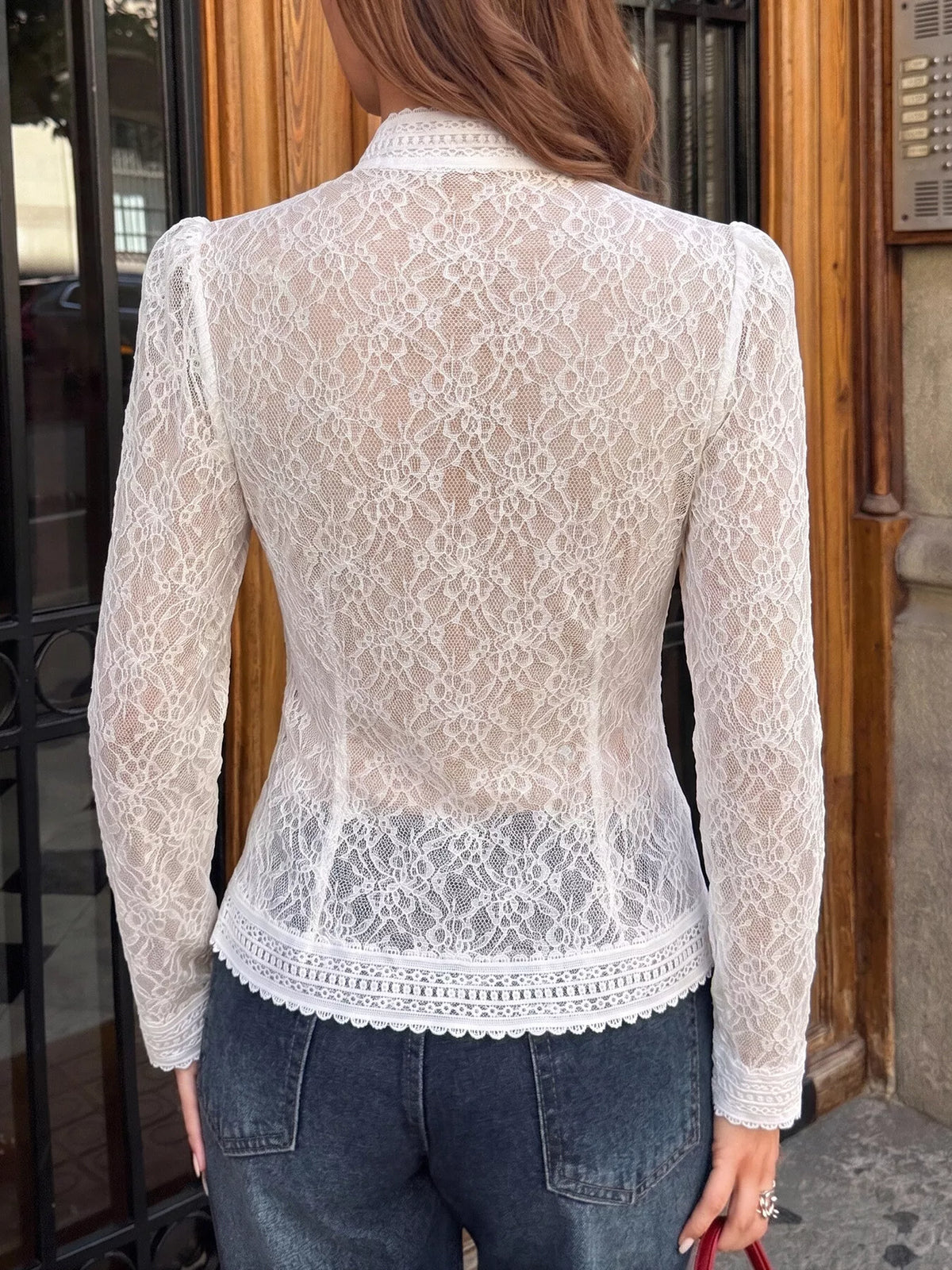 Lace mandarin-collar frog-button shirt