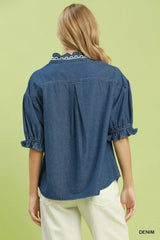 Trendsi Umgee Chambray Scalloped Trim Button Front Blouse - Clothing Tops