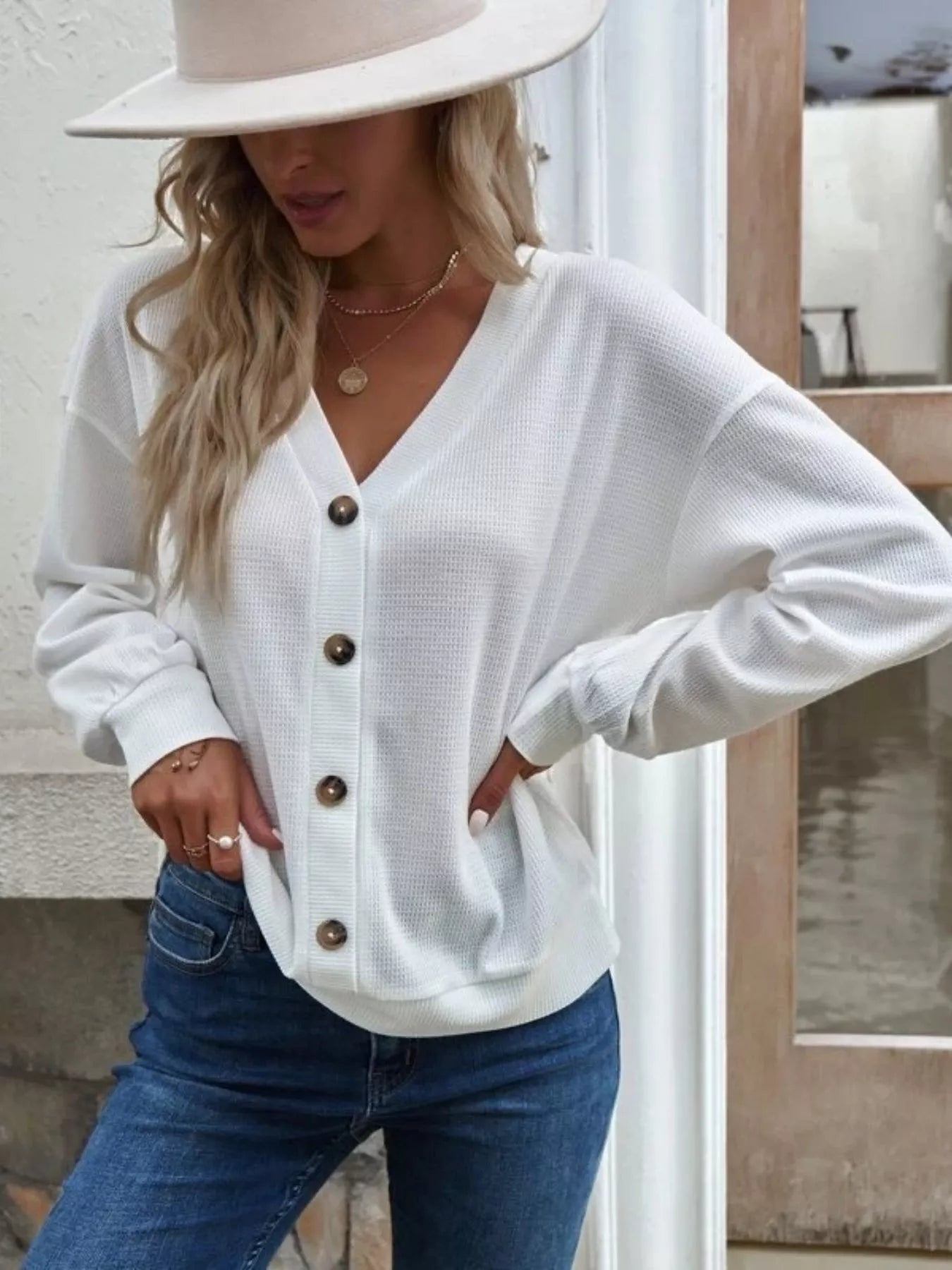 Trendsi Casual V-Neck Waffle Long Sleeve Top -