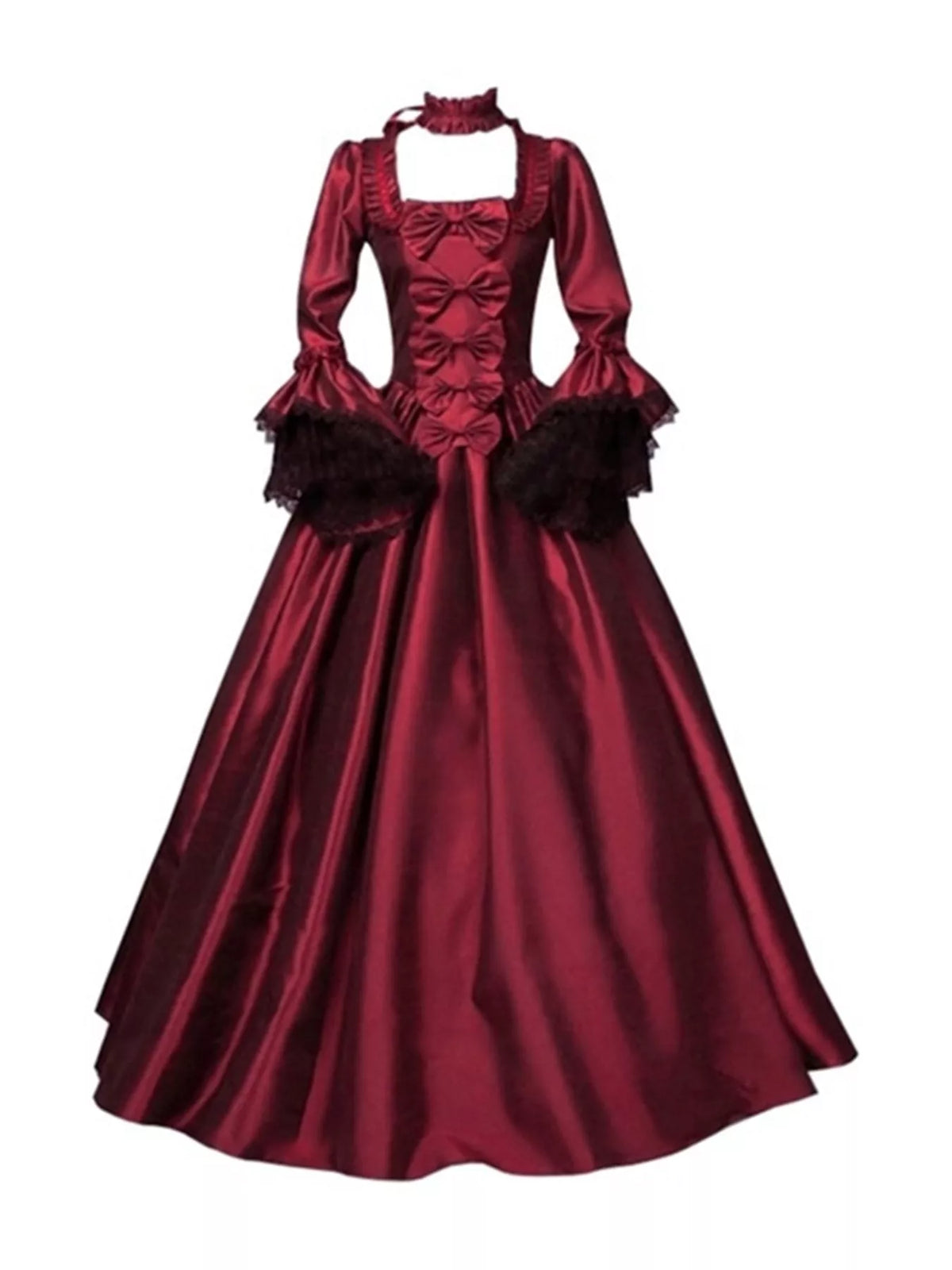 Victorian Gothic Satin Ball Gown Dress with Bow Accents in burgundy