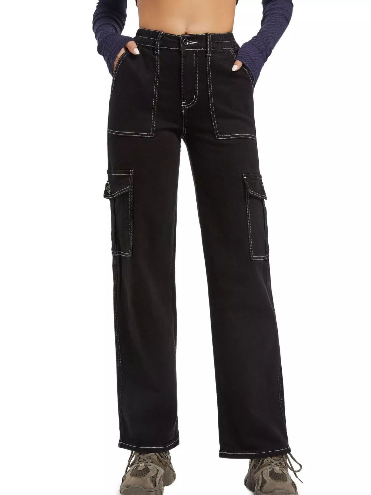 Black wide-leg cargo jeans, front view with hands in pockets