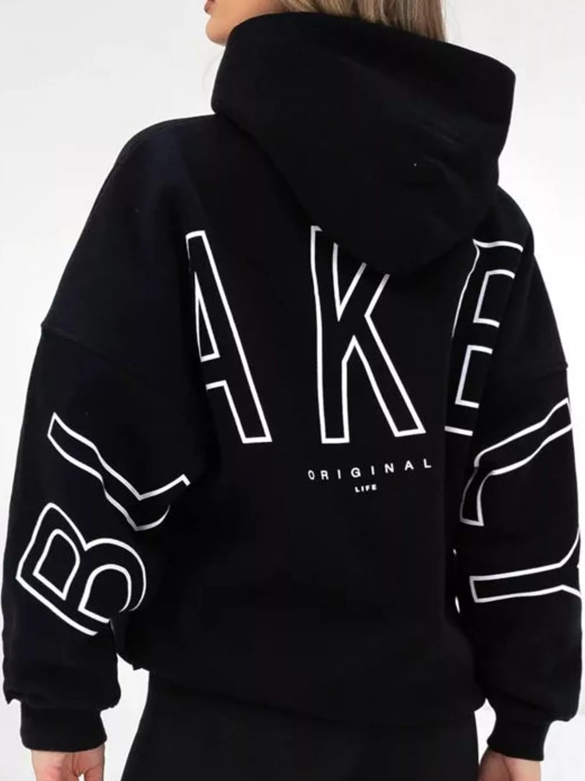Black letter-print pullover hoodie with kangaroo pocket, back lettering view
