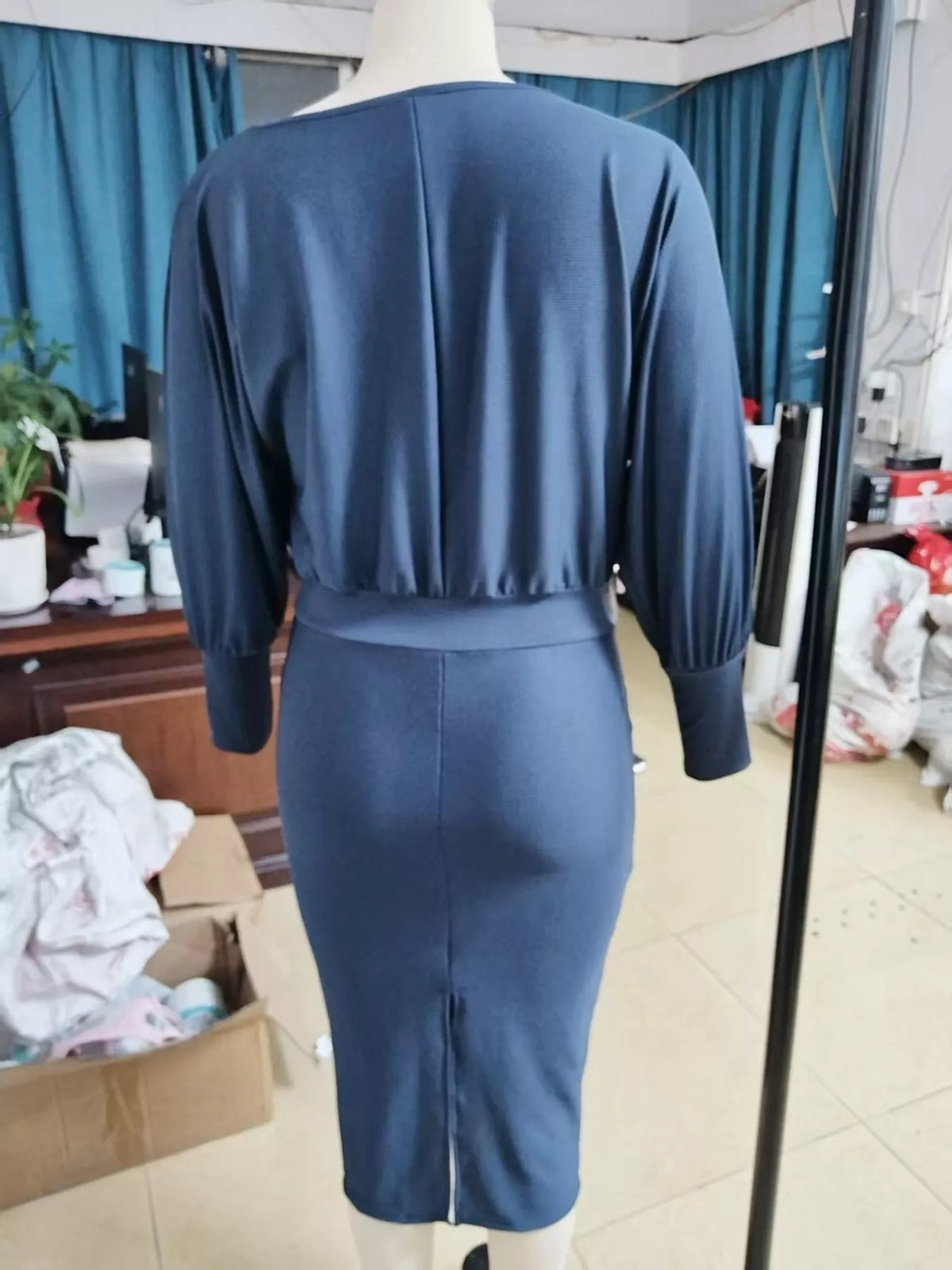 Cowl neck 3/4 sleeve knee dress, back view