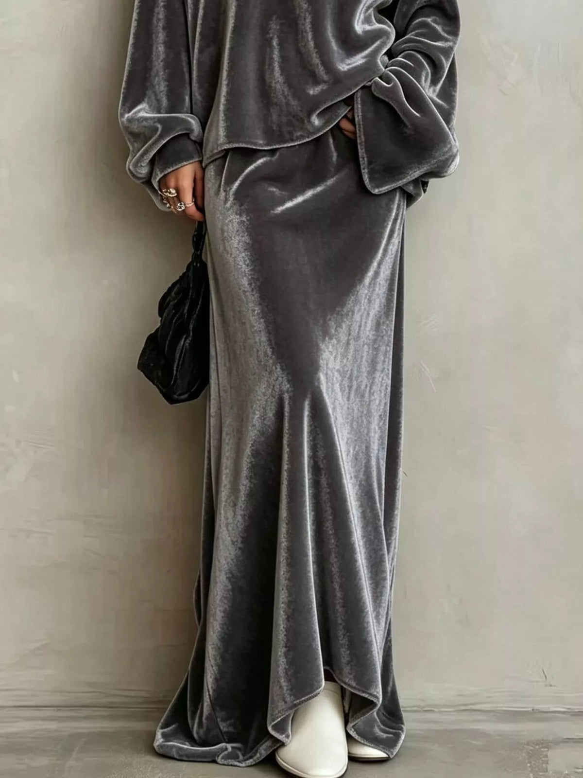 V-Neck Velvet Long Sleeve Top and Maxi Skirt Two-Piece Set in gray, top detail