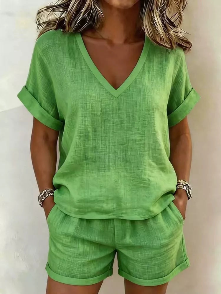 Trendsi V-Neck Linen Blend Short Sleeve Top and Shorts Set -