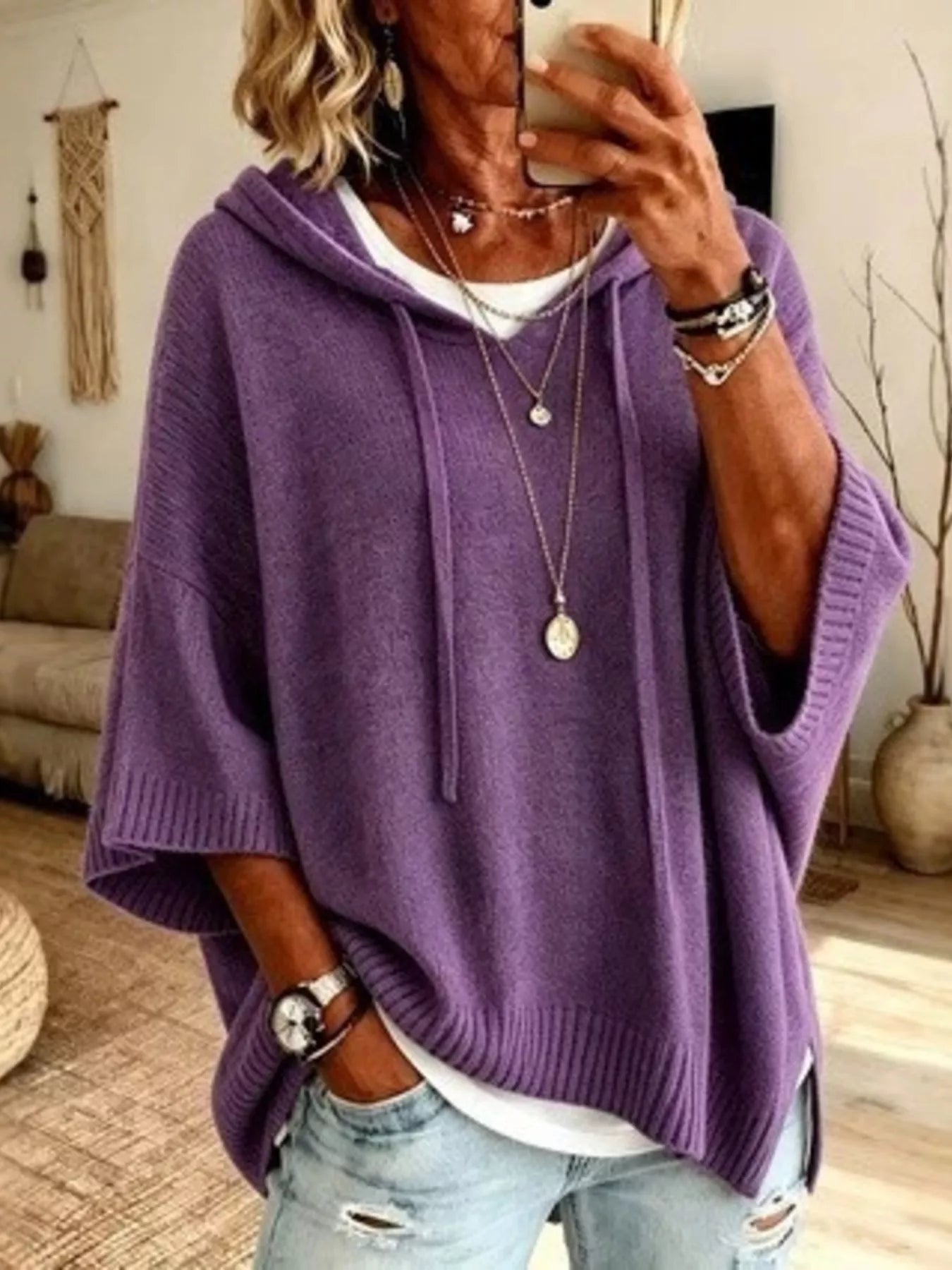 Trendsi Full Size Casual Hooded Batwing Sleeve Knit Sweater Plus Size -