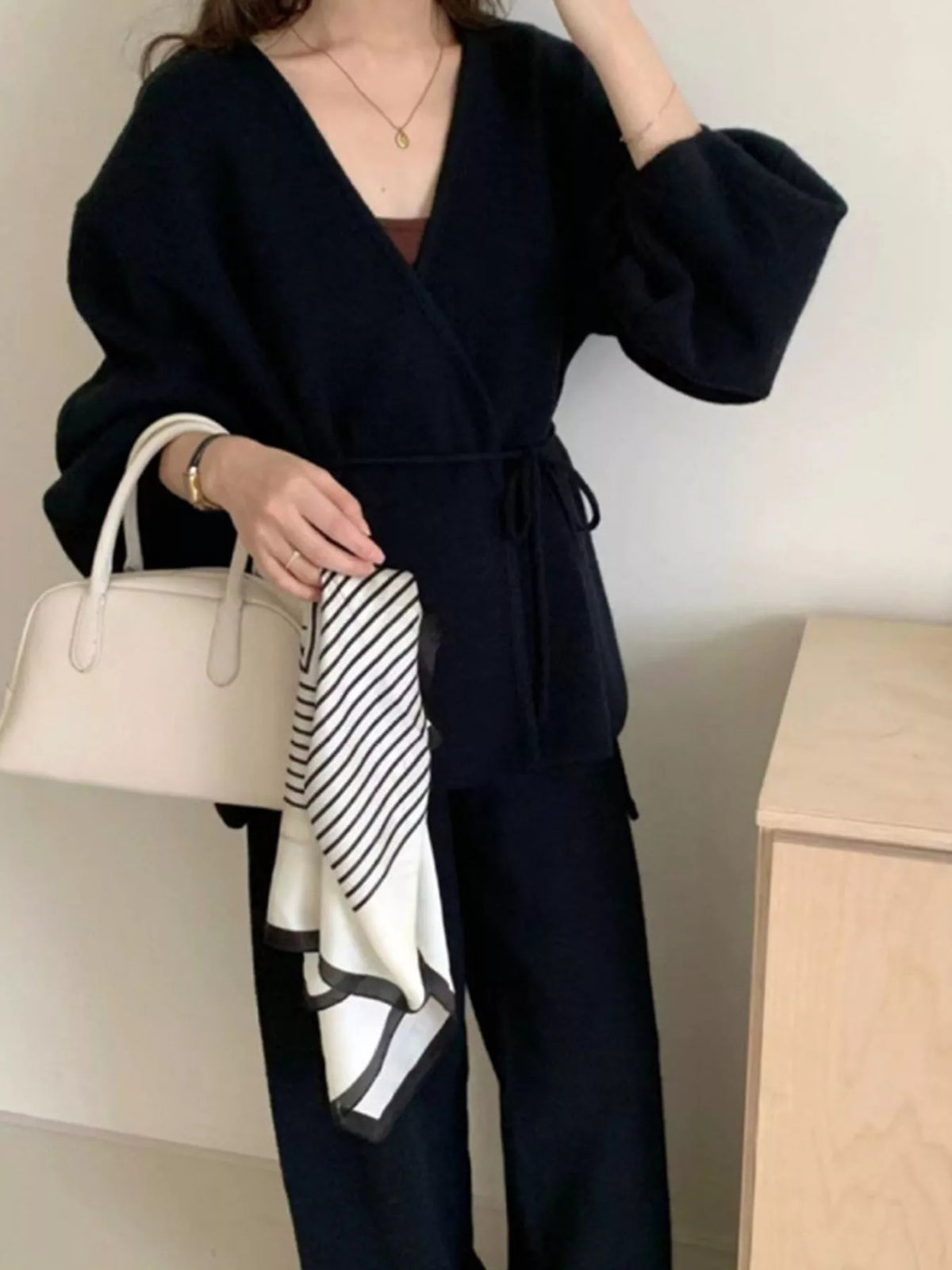 V-Neck Tied Wrap Cardigan and Wide-Leg Pants Sweater Set — front view