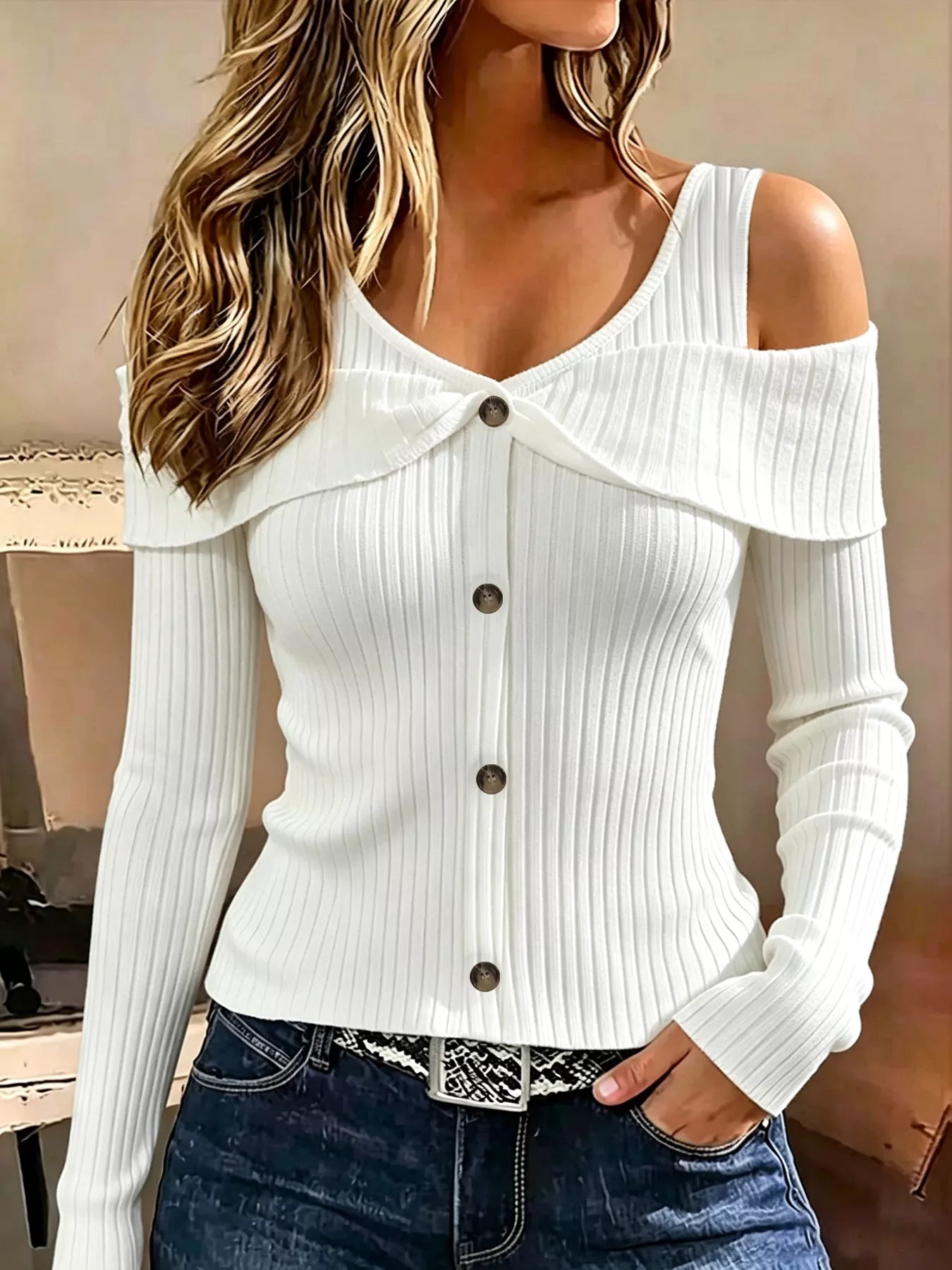 Trendsi Cold Shoulder Ribbed Knit Top -