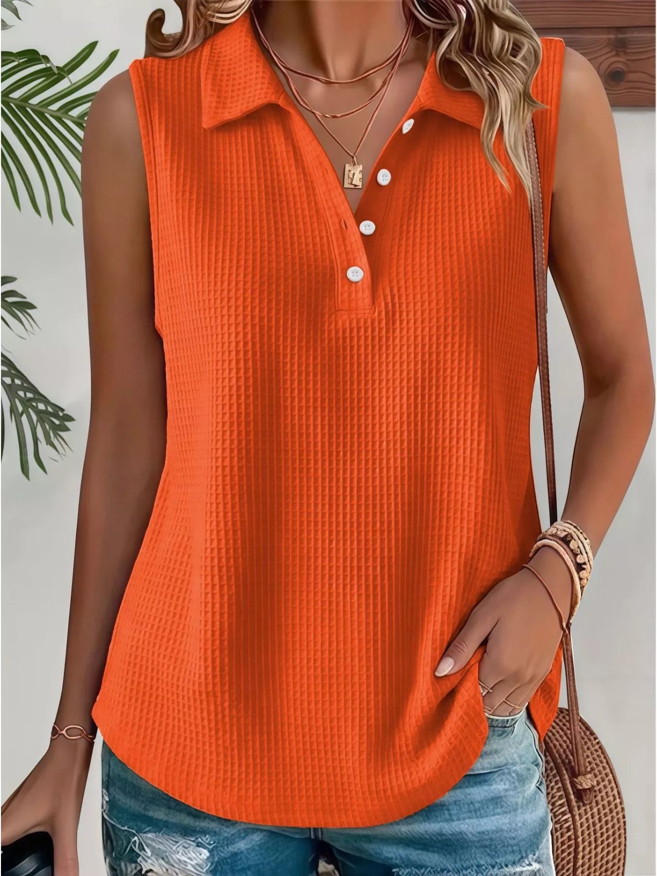 Trendsi Full Size Waffle Knit Button Detail Sleeveless Top Plus Size -